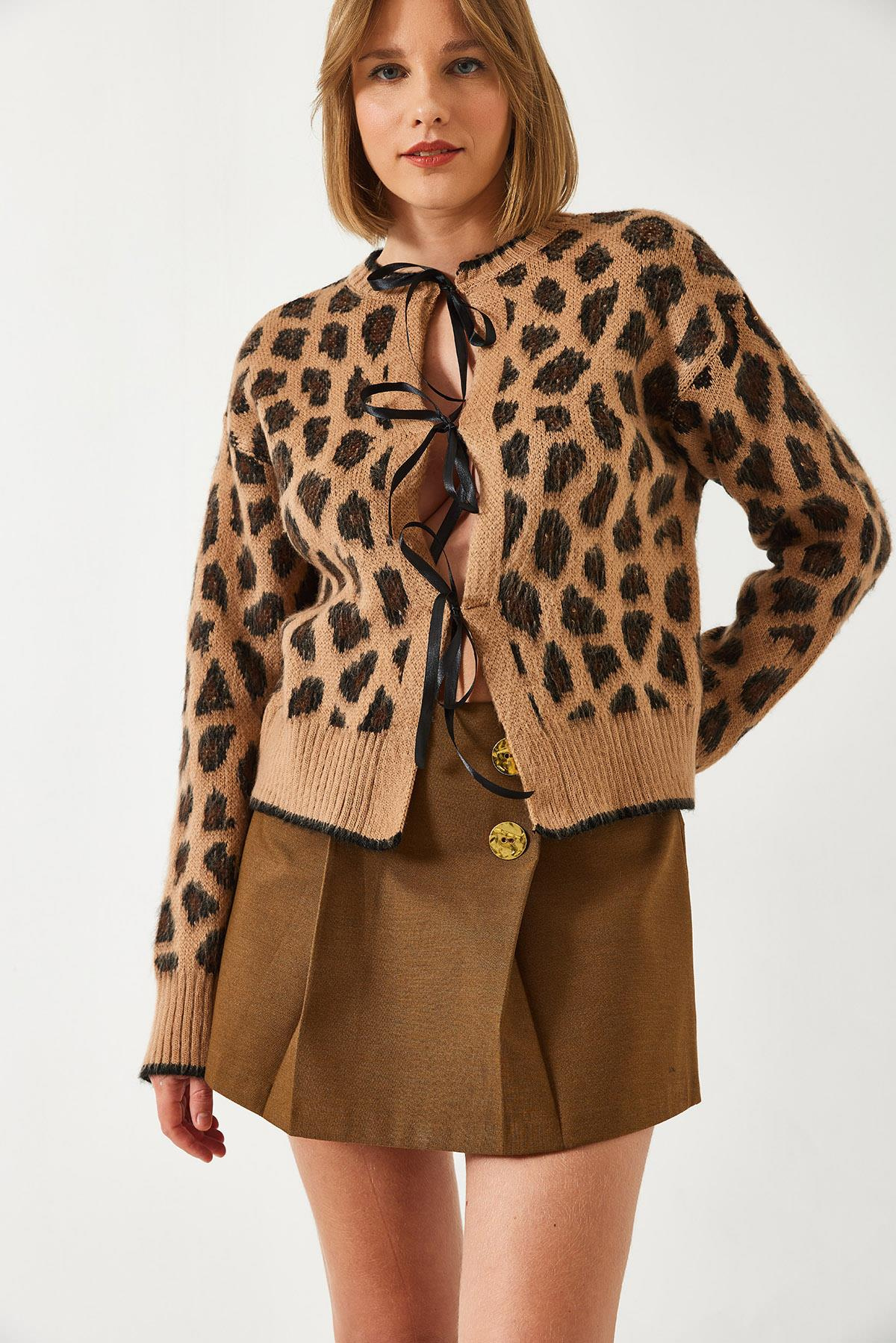 Leopar Desenli Triko Hırka 60261086 - Camel