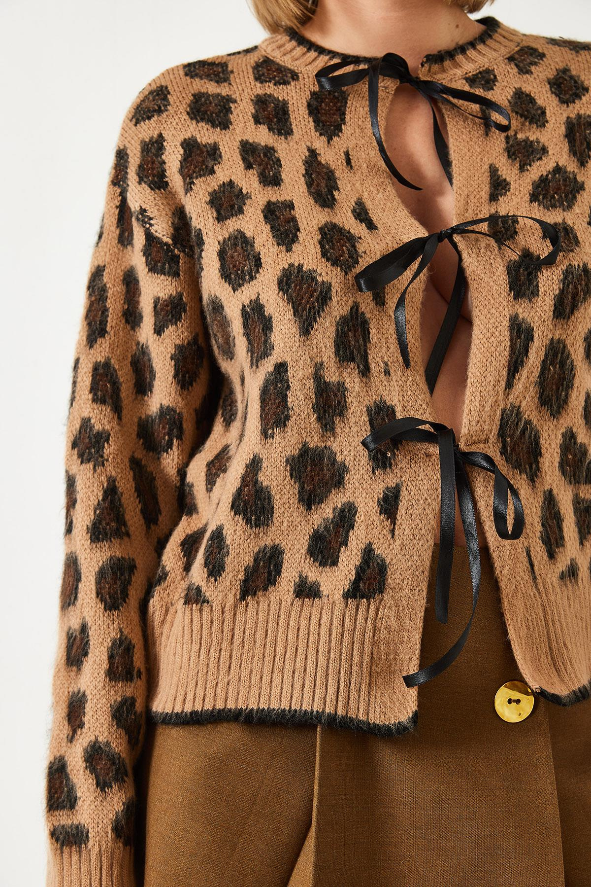 Leopar Desenli Triko Hırka 60261086 - Camel