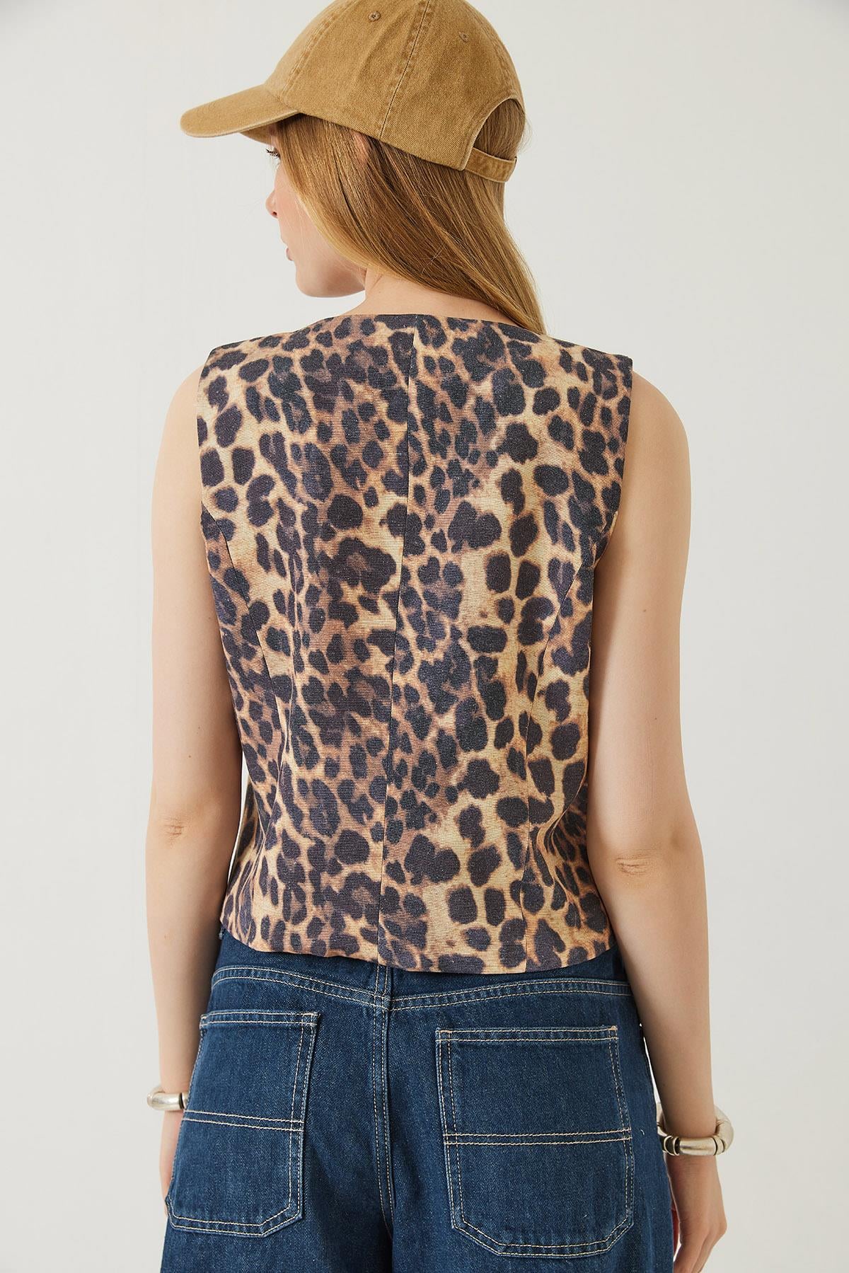 Leopar Desenli V Yaka Dokuma Yelek 60261304 - Siyah-Bej