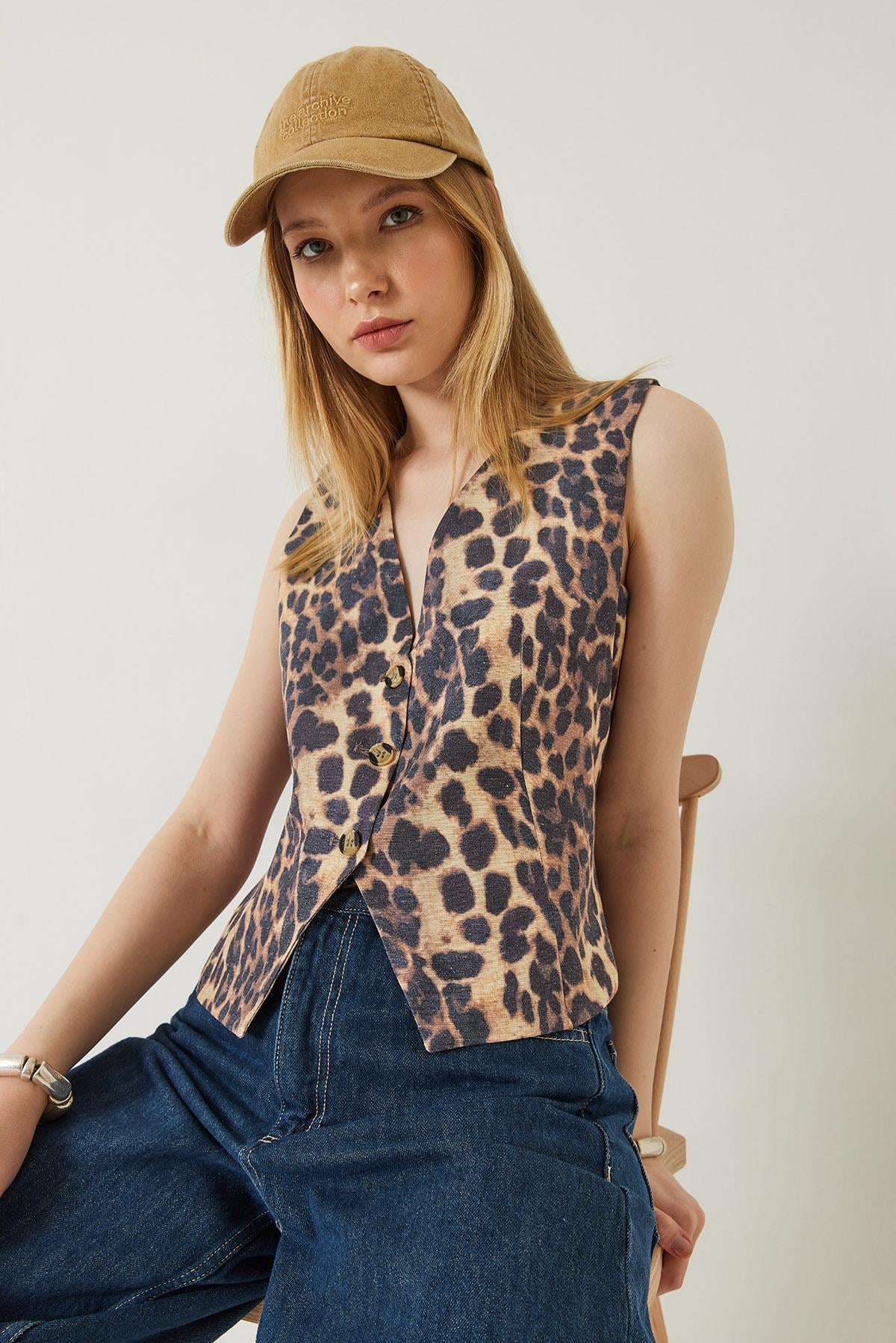 Leopar Desenli V Yaka Dokuma Yelek 60261304 - Siyah-Bej