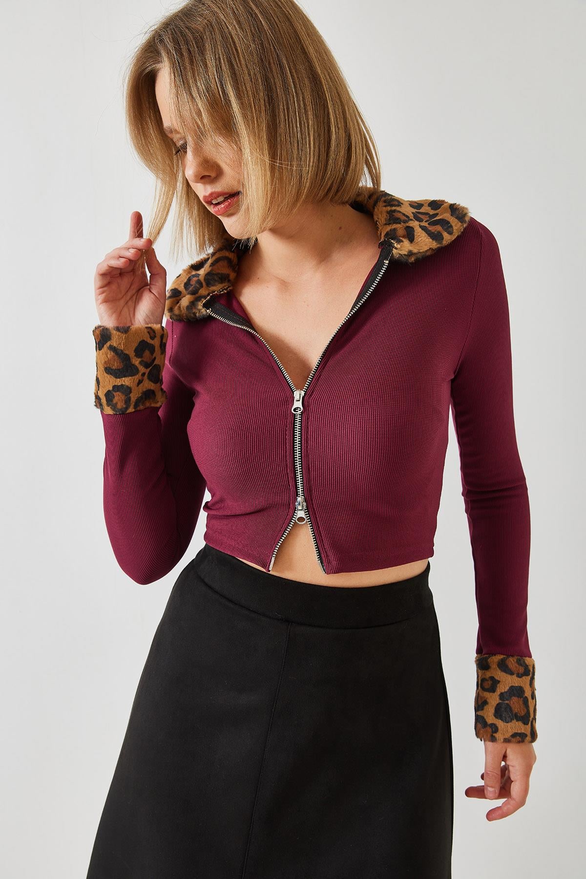 Leopar Peluşlu Fermuarlı Hırka 60261015 - Bordo HIRKA modelleri