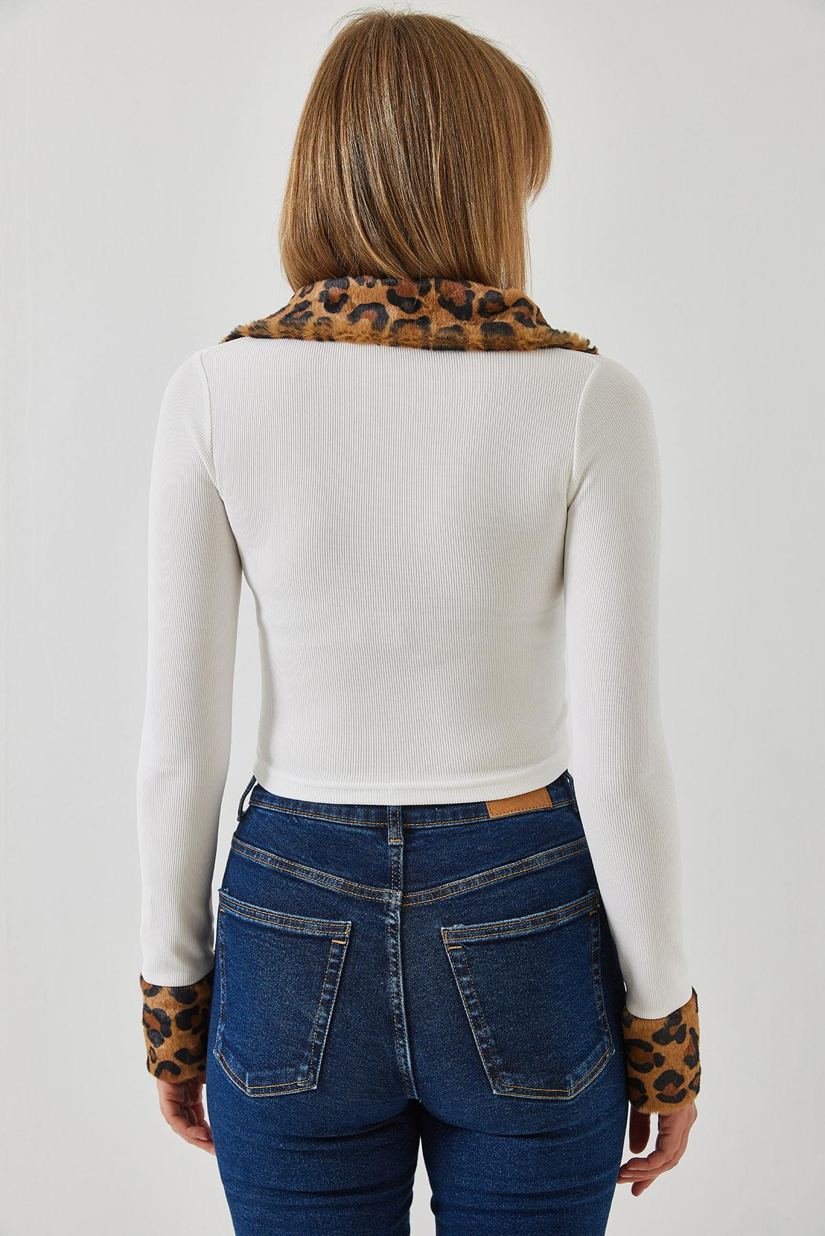 Leopar Peluşlu Fermuarlı Hırka 60261015 - Beyaz HIRKA modelleri