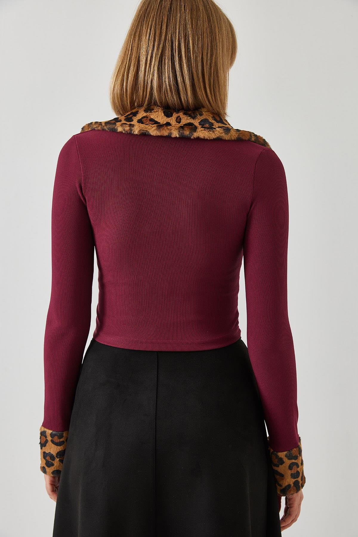 Leopar Peluşlu Fermuarlı Hırka 60261015 - Bordo HIRKA modelleri