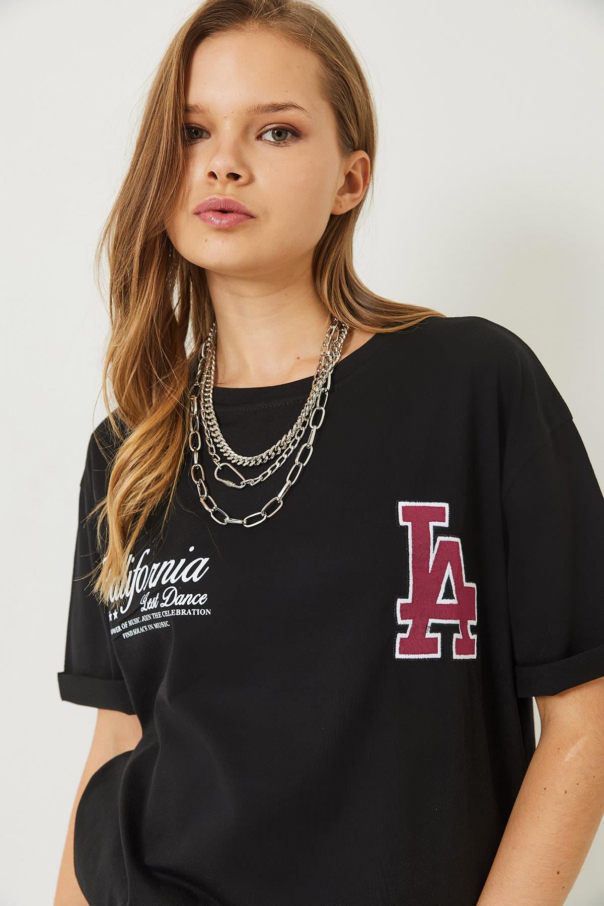 Los Angeles Baskılı Oversize Kısa Kollu Penye T-Shirt 5197 60283079 - Siyah