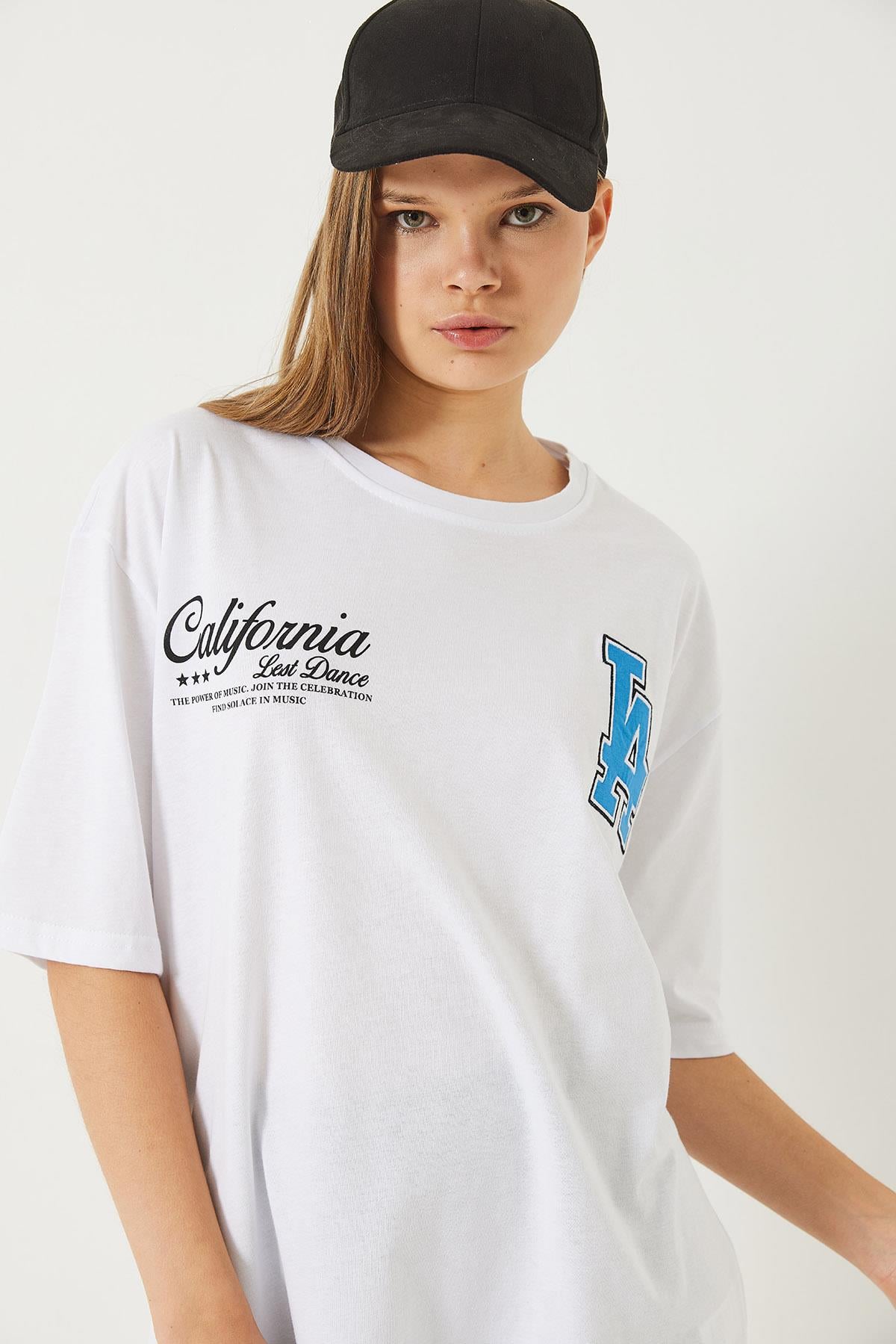 Los Angeles Baskılı Oversize Kısa Kollu Penye T-Shirt 5197 60283079 - Beyaz