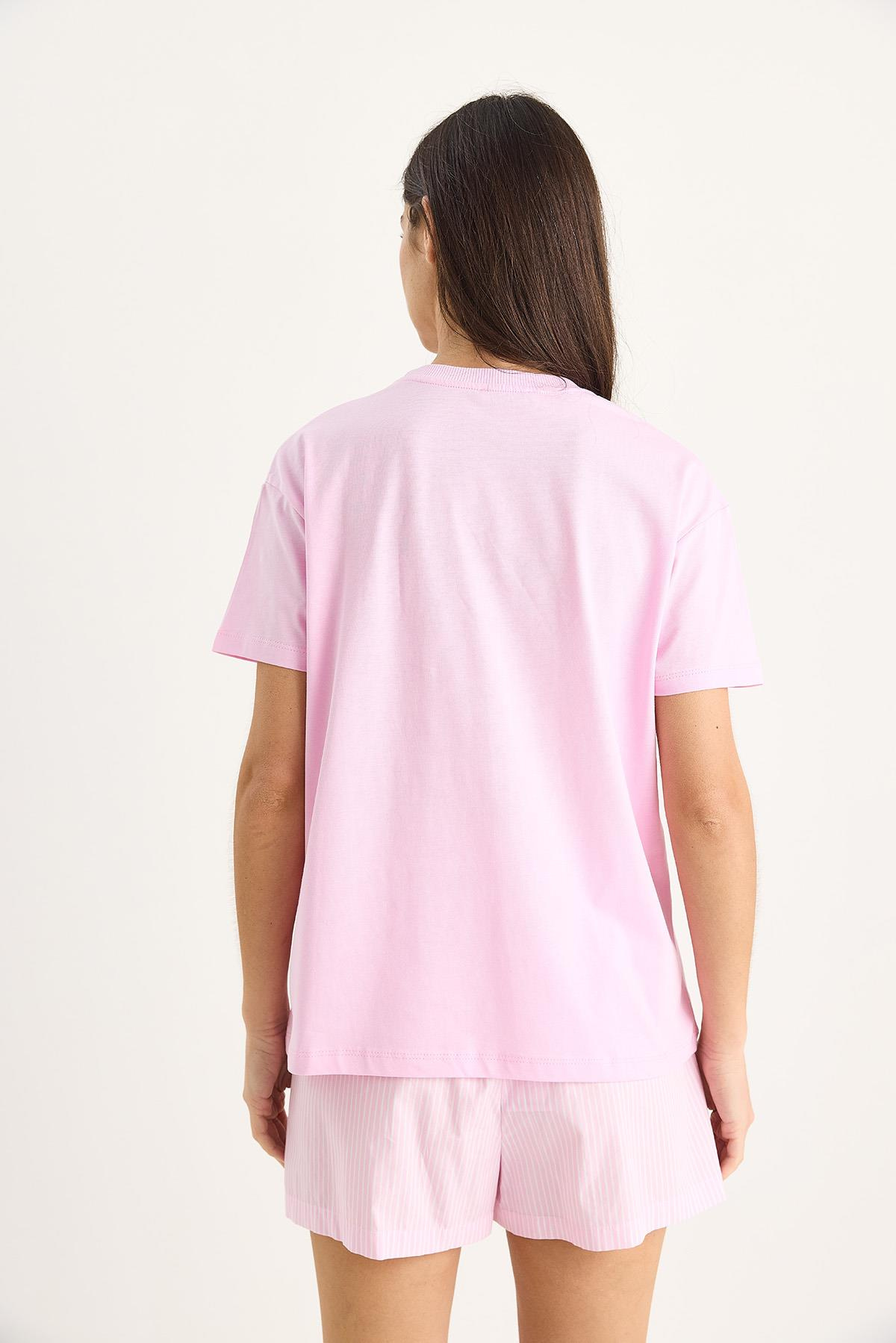 Love Aksesuarlı Normal Kalıp Pamuklu T-Shirt 60602070 - Şeker Pembe