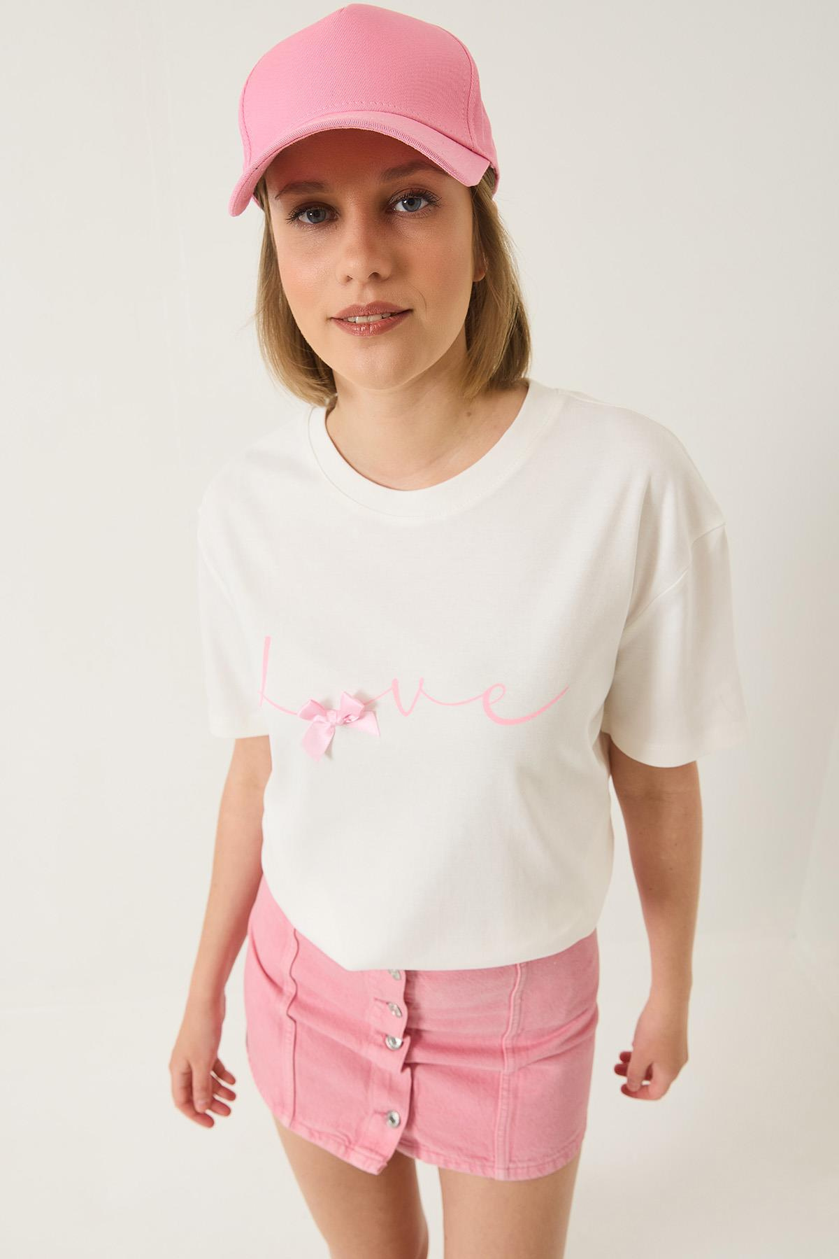 Love Baskılı Kurdele Detaylı Normal Kalıp Pamuklu T-Shirt 60283208 - Beyaz
