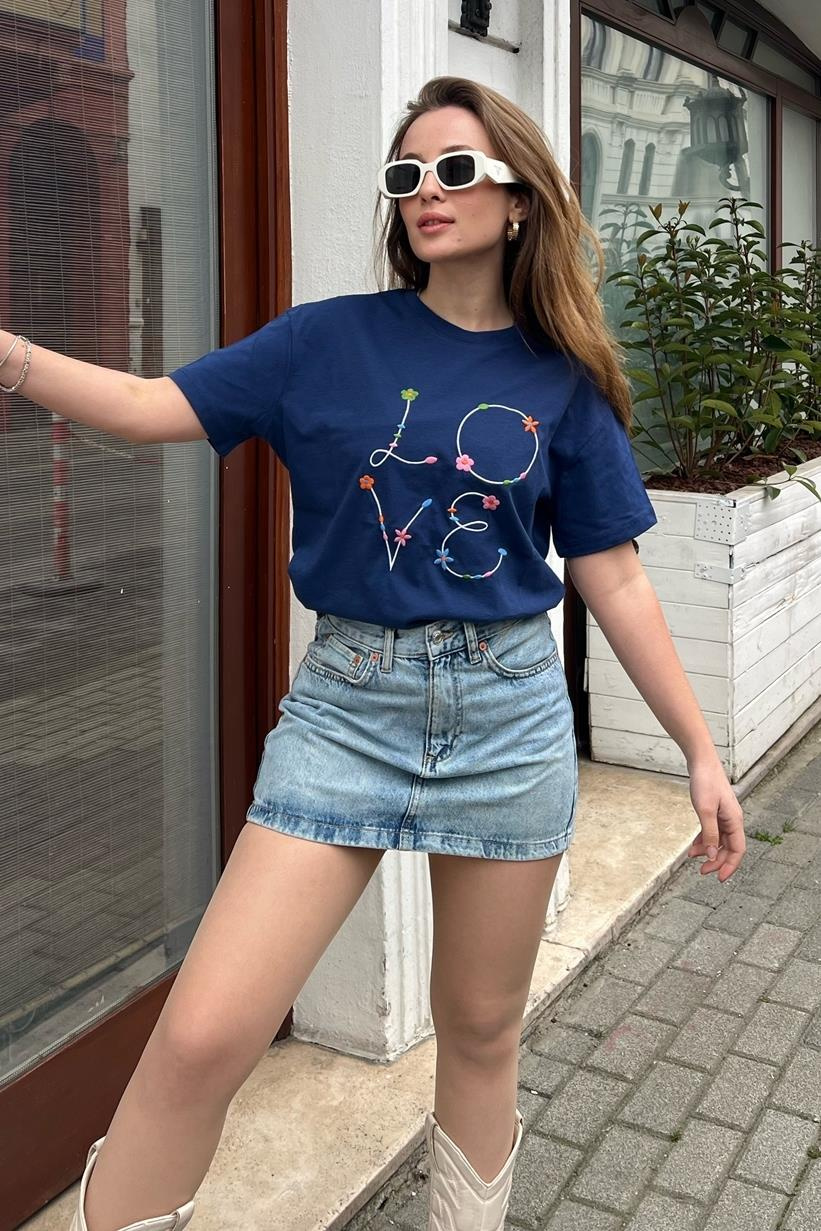 Love Nakış İşlemeli Penye Tshirt 60211004 - Mavi T-SHİRT modelleri