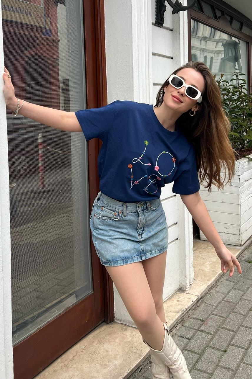 Love Nakış İşlemeli Penye Tshirt 60211004 - Mavi T-SHİRT modelleri