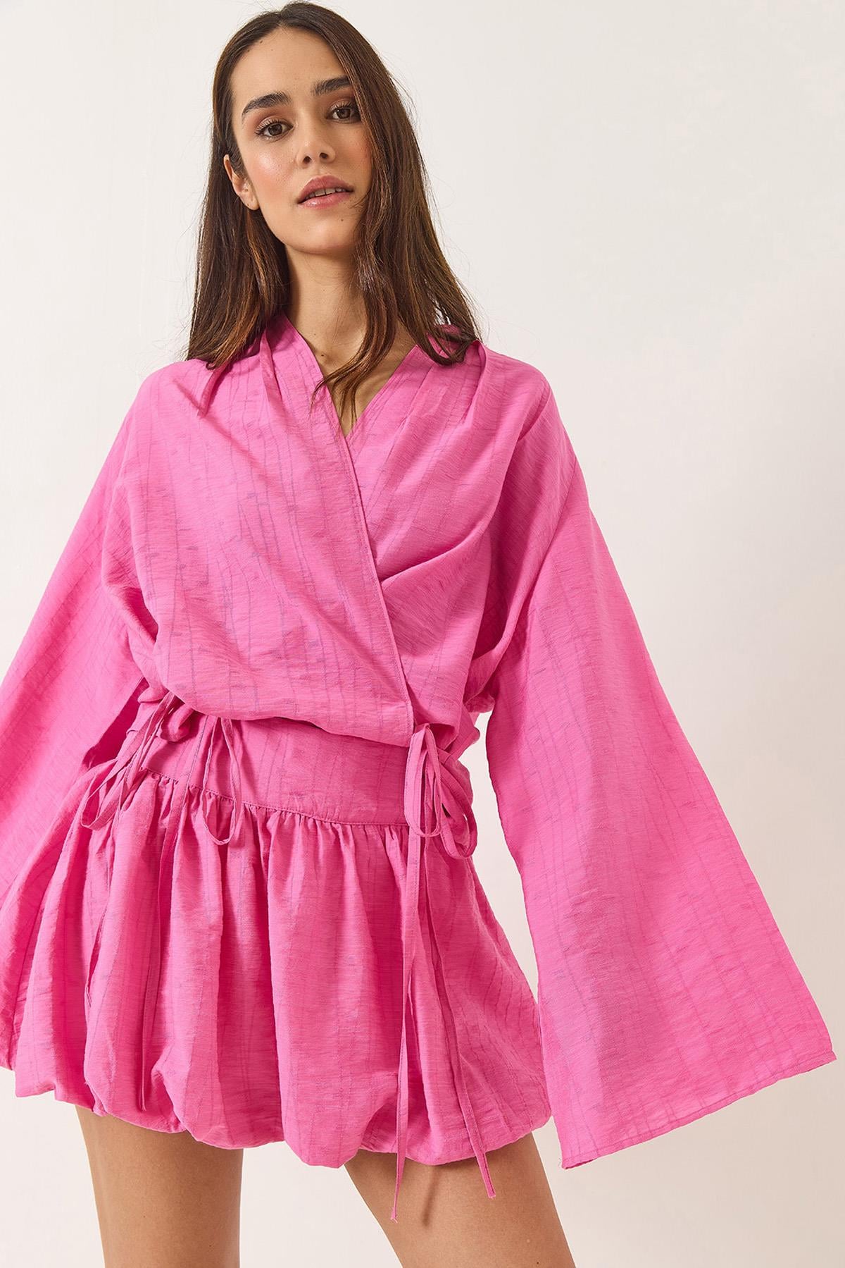 Mini Balon Etekli Bağlama Detaylı Kimono Alt-Üst Takım 60434 60283137 - Şeker Pembe