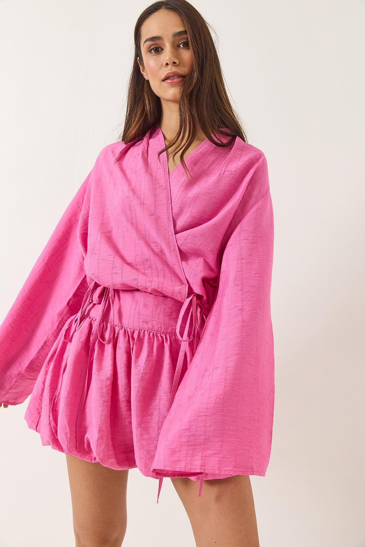 Mini Balon Etekli Bağlama Detaylı Kimono Alt-Üst Takım 60434 60283137 - Şeker Pembe
