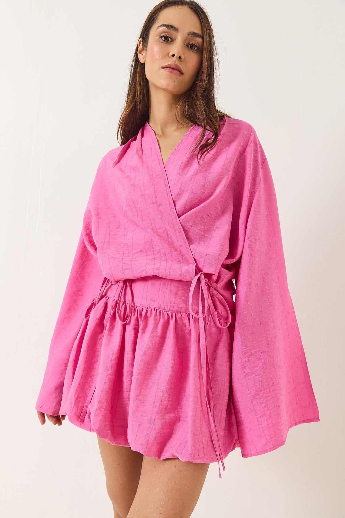 Mini Balon Etekli Bağlama Detaylı Kimono Alt-Üst Takım 60434 60283137 - Şeker Pembe