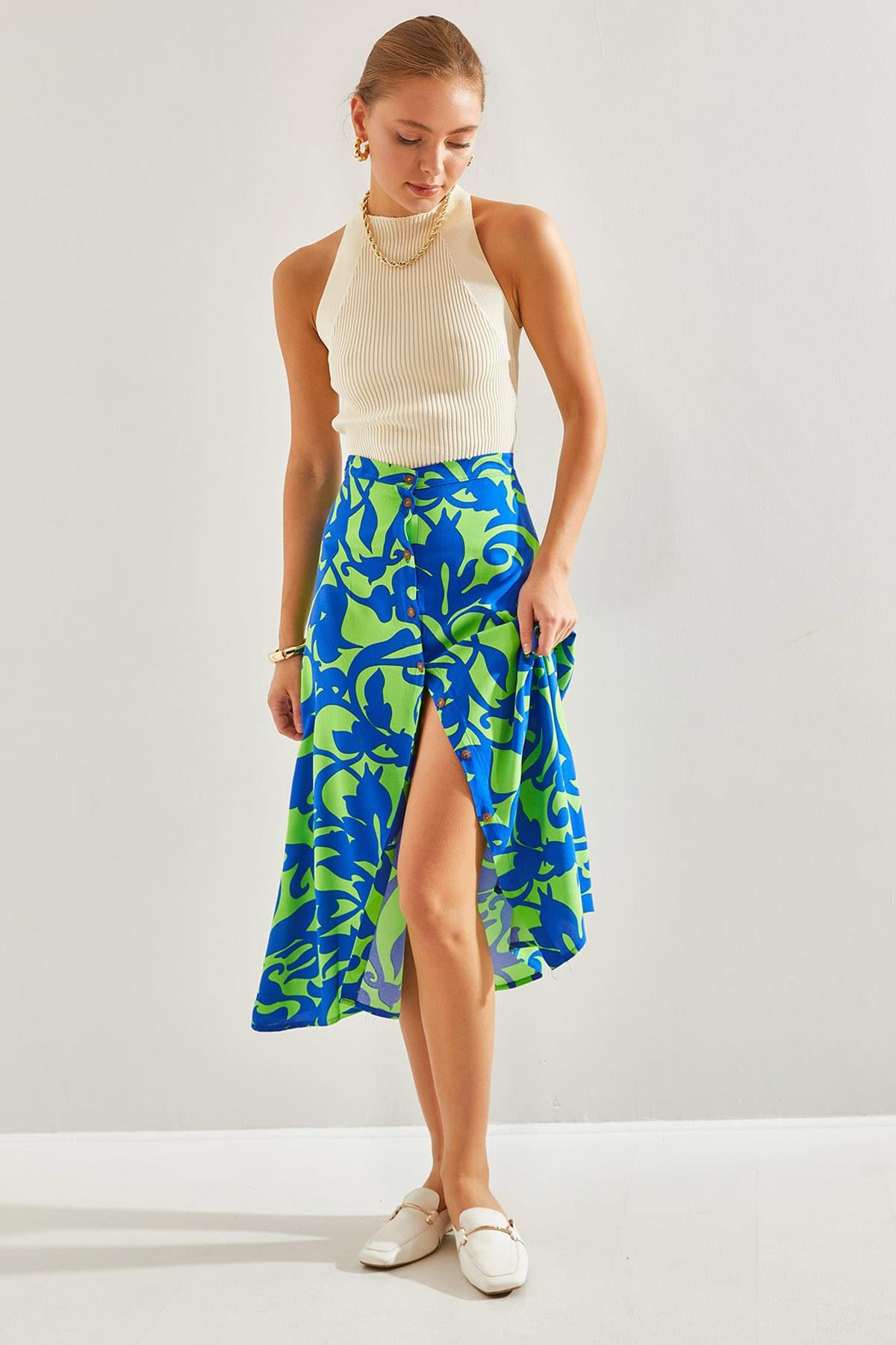 Multi Desenli Düğmeli Viskon Etek 60131017 - Lacivert-Yeşil ETEK modelleri