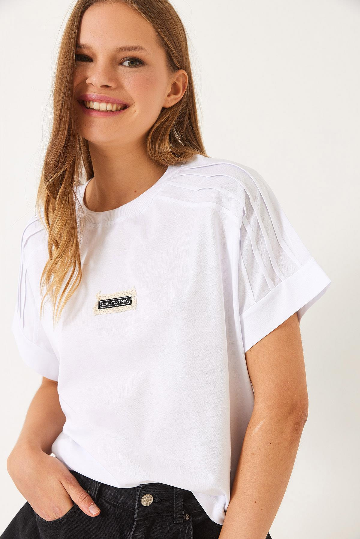 Nervür Dikişli Düşük Kol Basic T-Shirt 60602022 - Beyaz