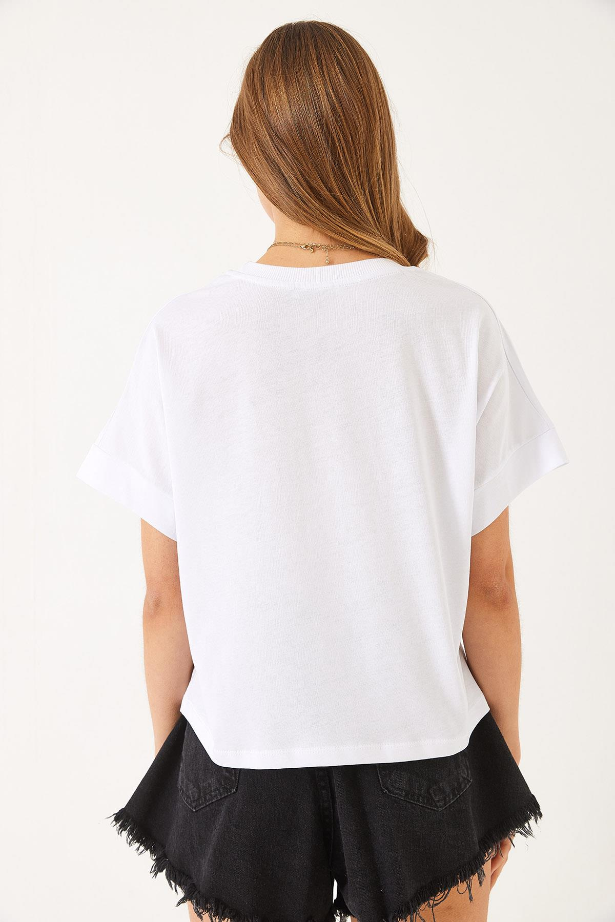 Nervür Dikişli Düşük Kol Basic T-Shirt 60602022 - Beyaz