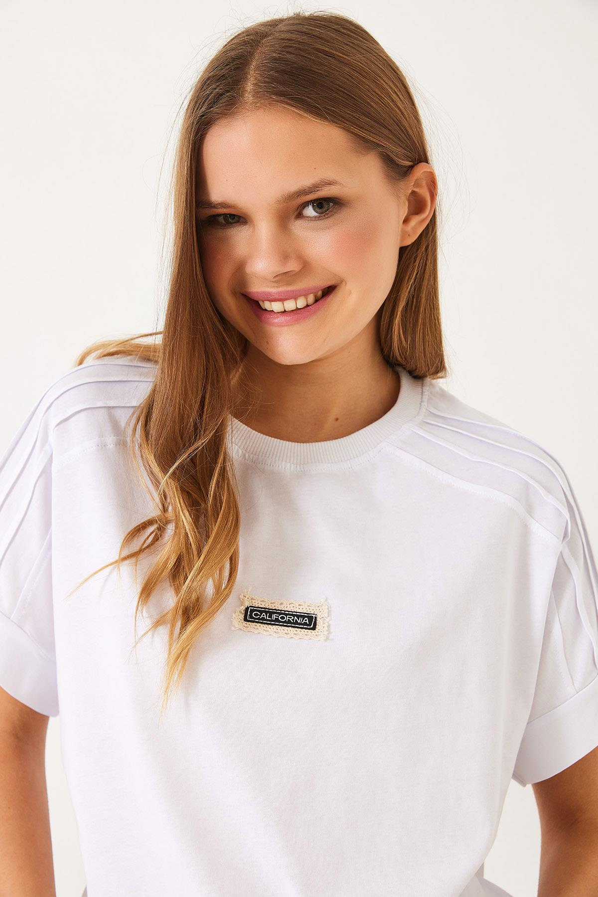 Nervür Dikişli Düşük Kol Basic T-Shirt 60602022 - Beyaz
