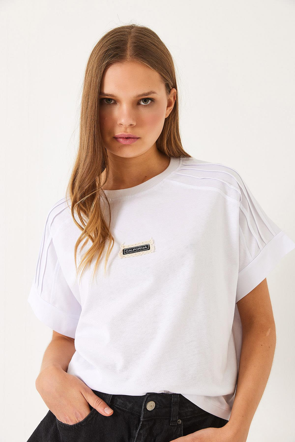 Nervür Dikişli Düşük Kol Basic T-Shirt 60602022 - Beyaz