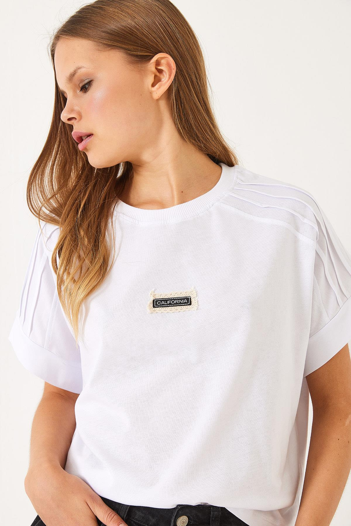 Nervür Dikişli Düşük Kol Basic T-Shirt 60602022 - Beyaz