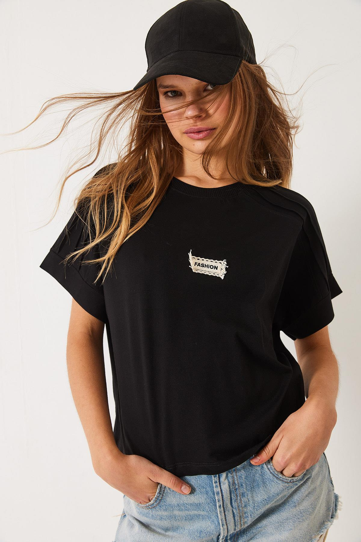 Nervür Dikişli Düşük Kol Basic T-Shirt 60602022 - Siyah