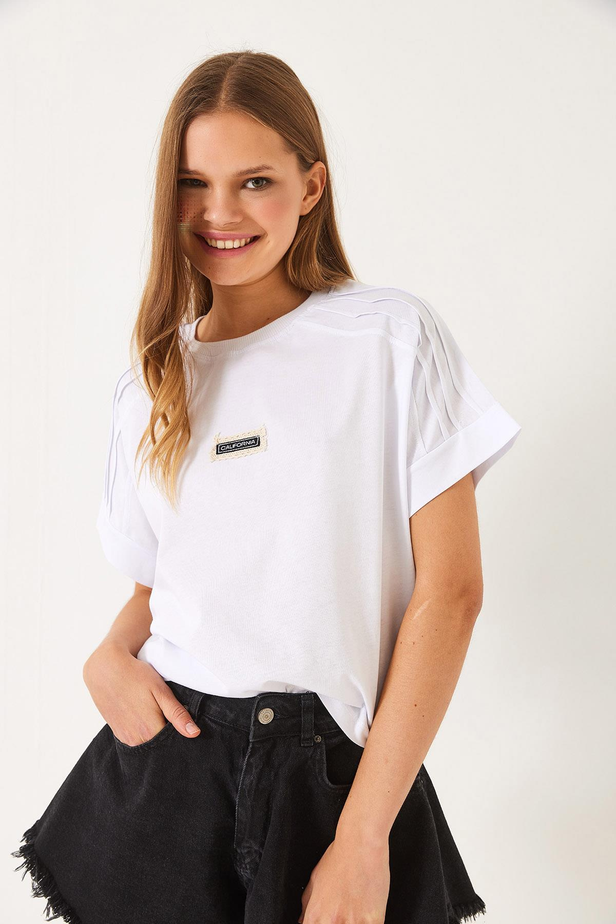 Nervür Dikişli Düşük Kol Basic T-Shirt 60602022 - Beyaz