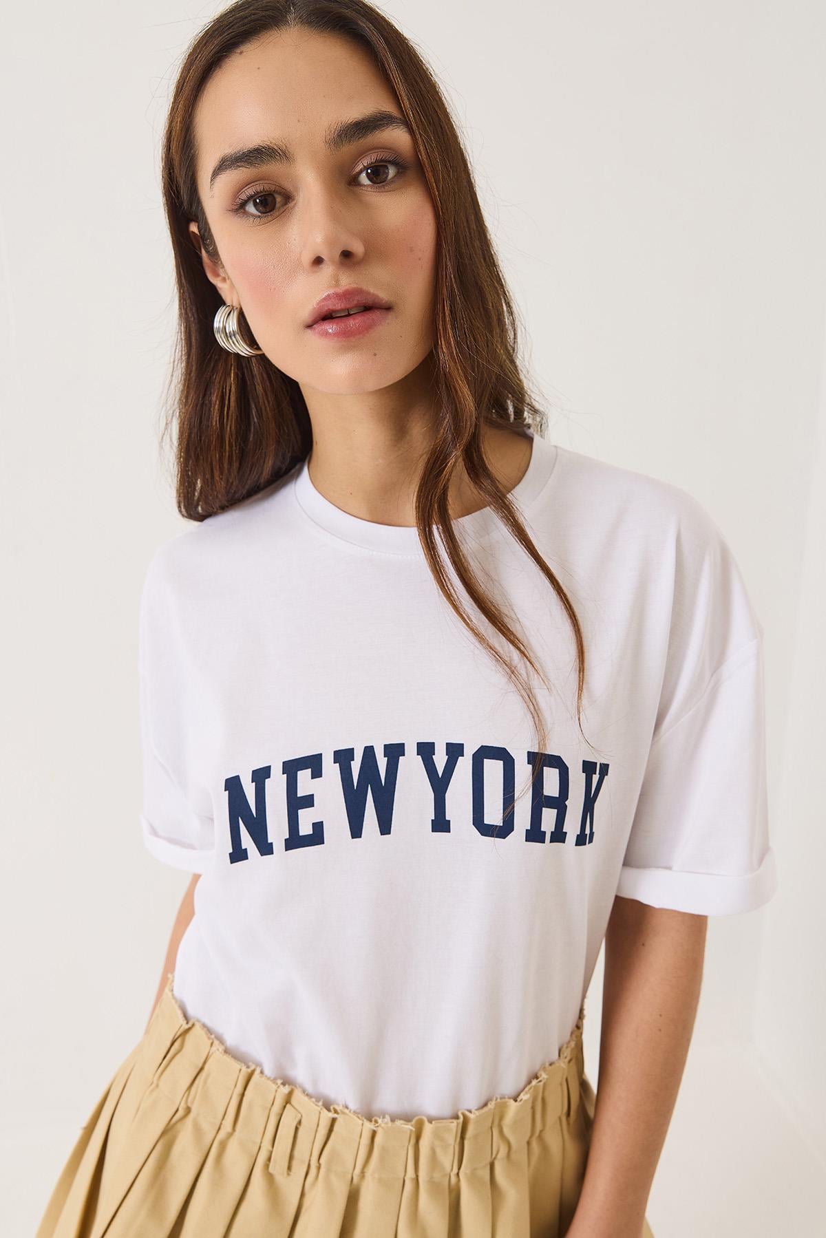 New York Baskılı Bisiklet Yaka Oversize T-Shirt 0267 60283155 - Beyaz