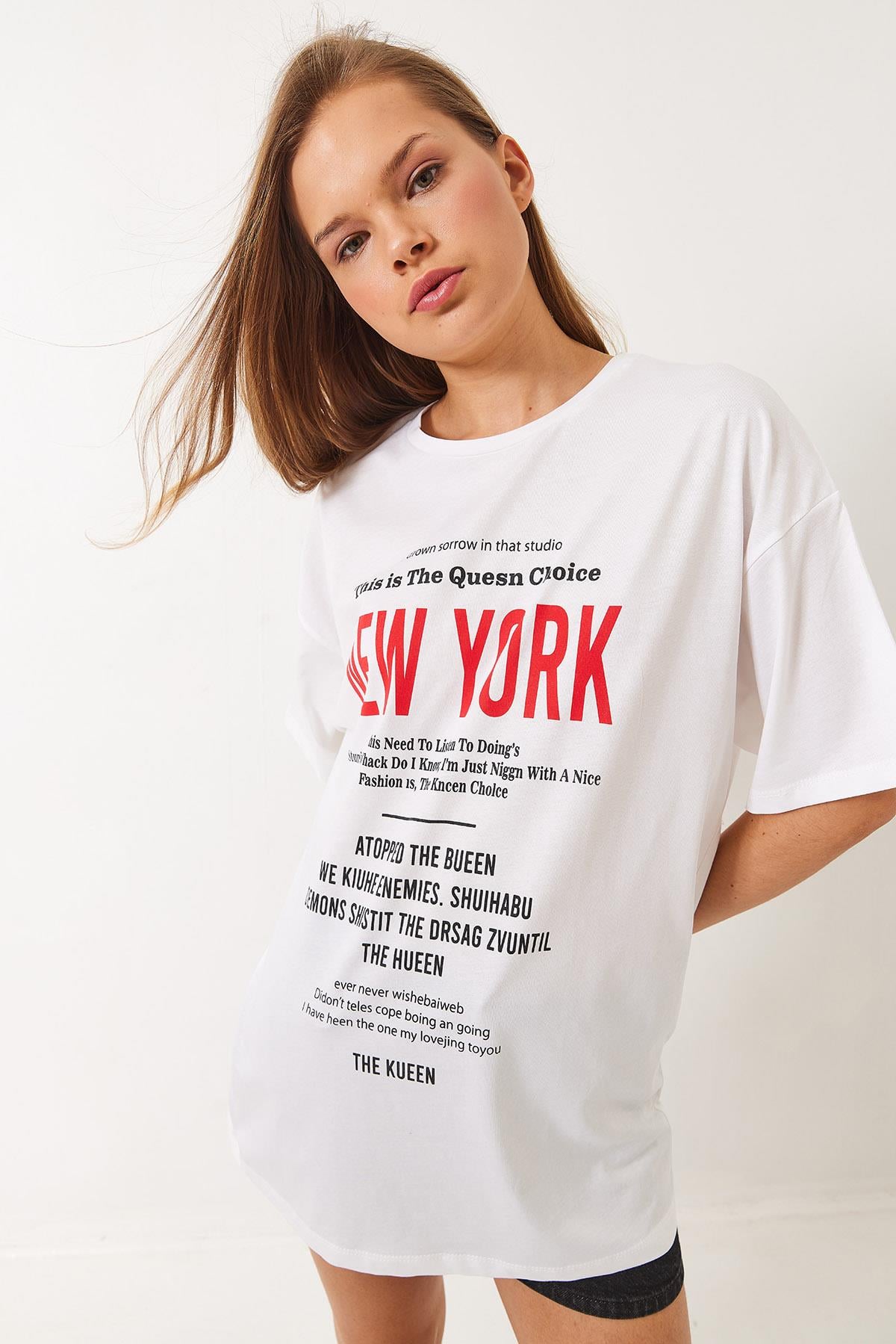 New York Baskılı Oversize T-Shirt 6006 60283085 - Beyaz