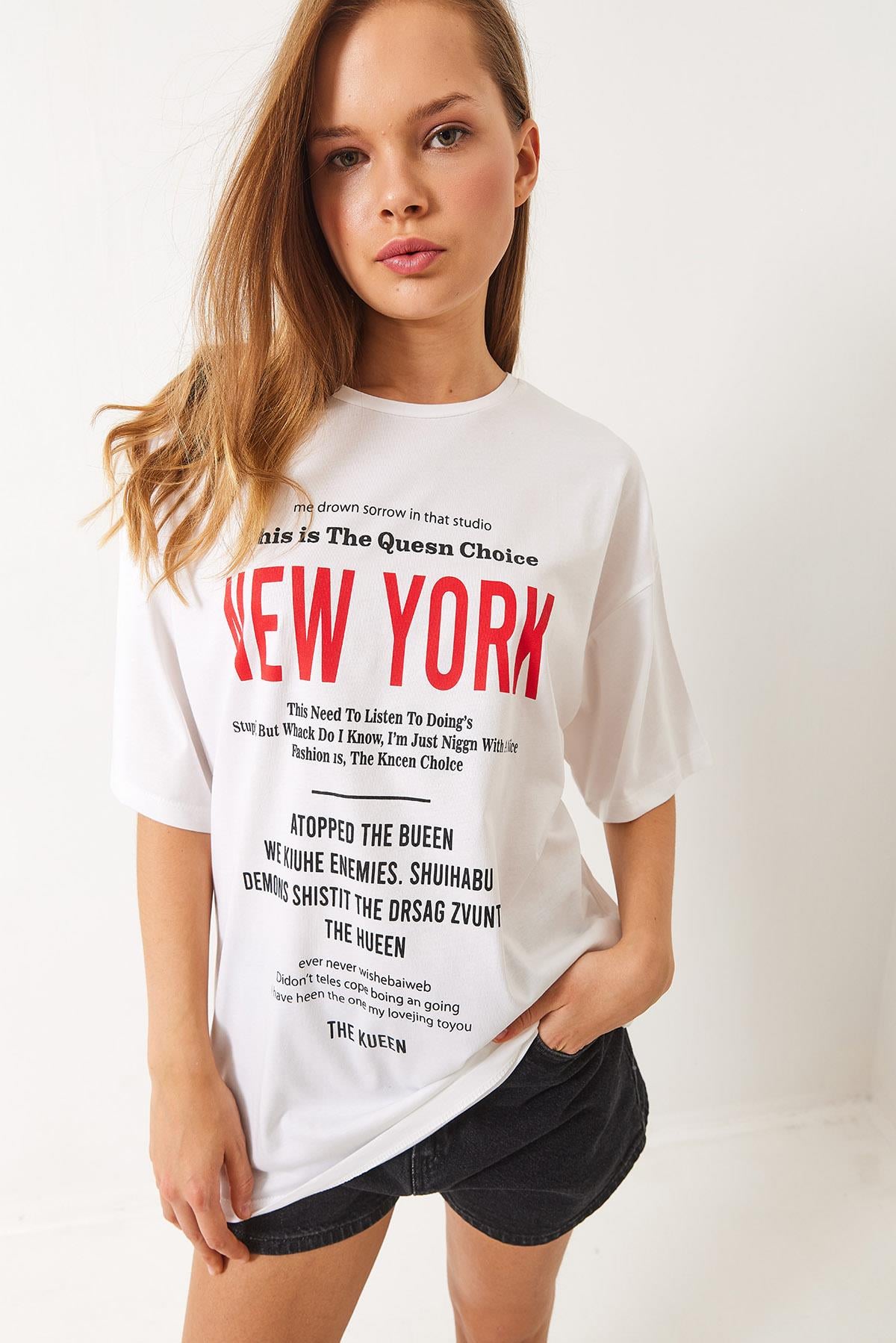 New York Baskılı Oversize T-Shirt 6006 60283085 - Beyaz