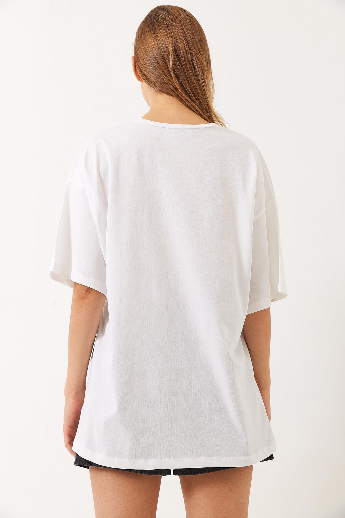New York Baskılı Oversize T-Shirt 6006 60283085 - Beyaz