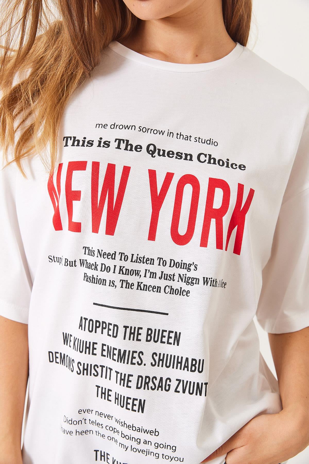 New York Baskılı Oversize T-Shirt 6006 60283085 - Beyaz
