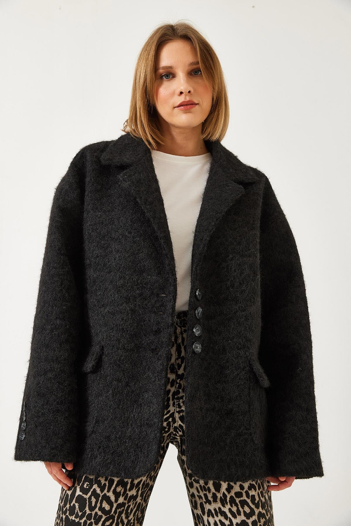 Oversize Astarlı Kaşe Blazer Ceket 60261242 - Siyah