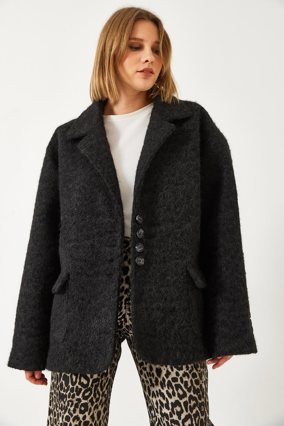 Oversize Astarlı Kaşe Blazer Ceket 60261242 - Siyah