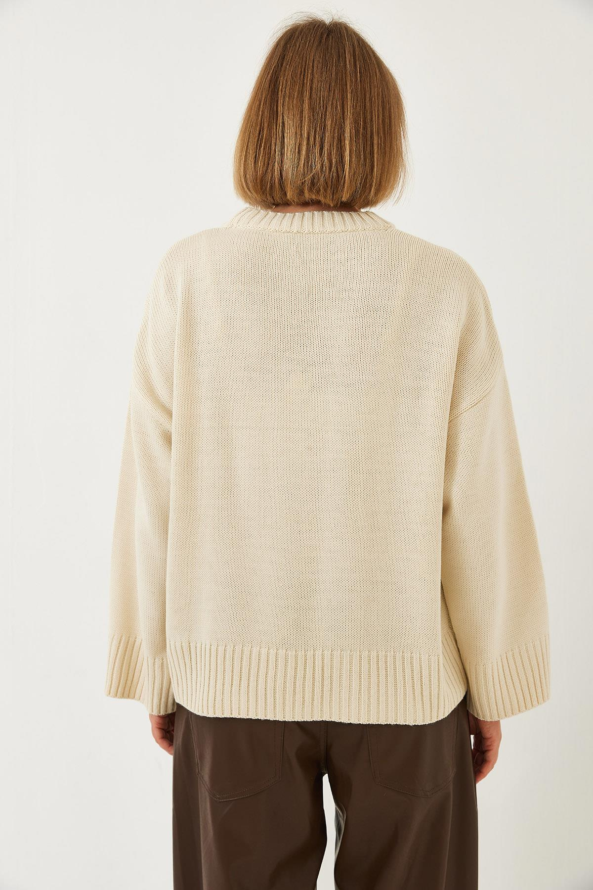 Oversize Basic Triko Kazak 20247601 - Krem
