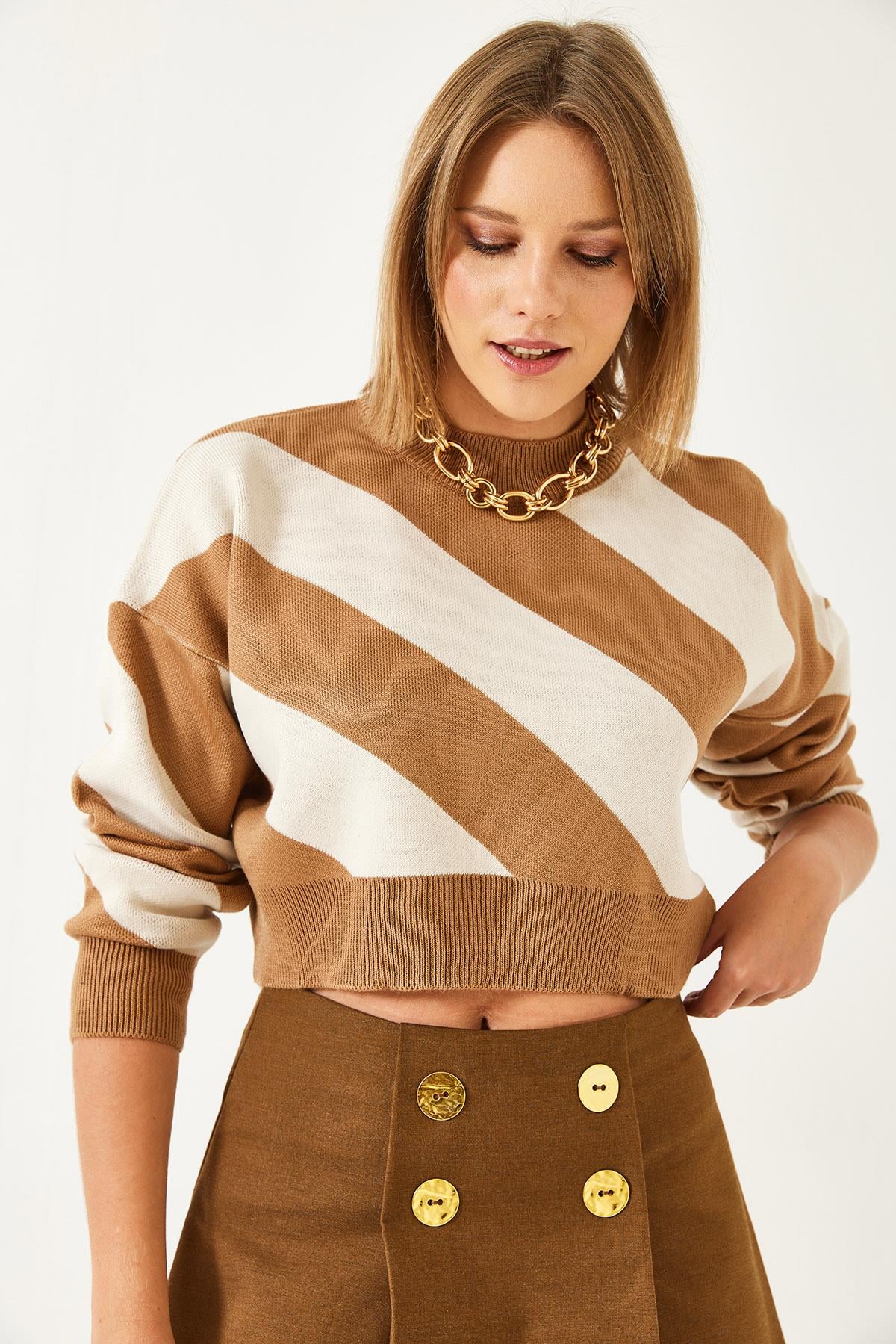 Oversize Desenli Triko Kazak 60351304 - Camel