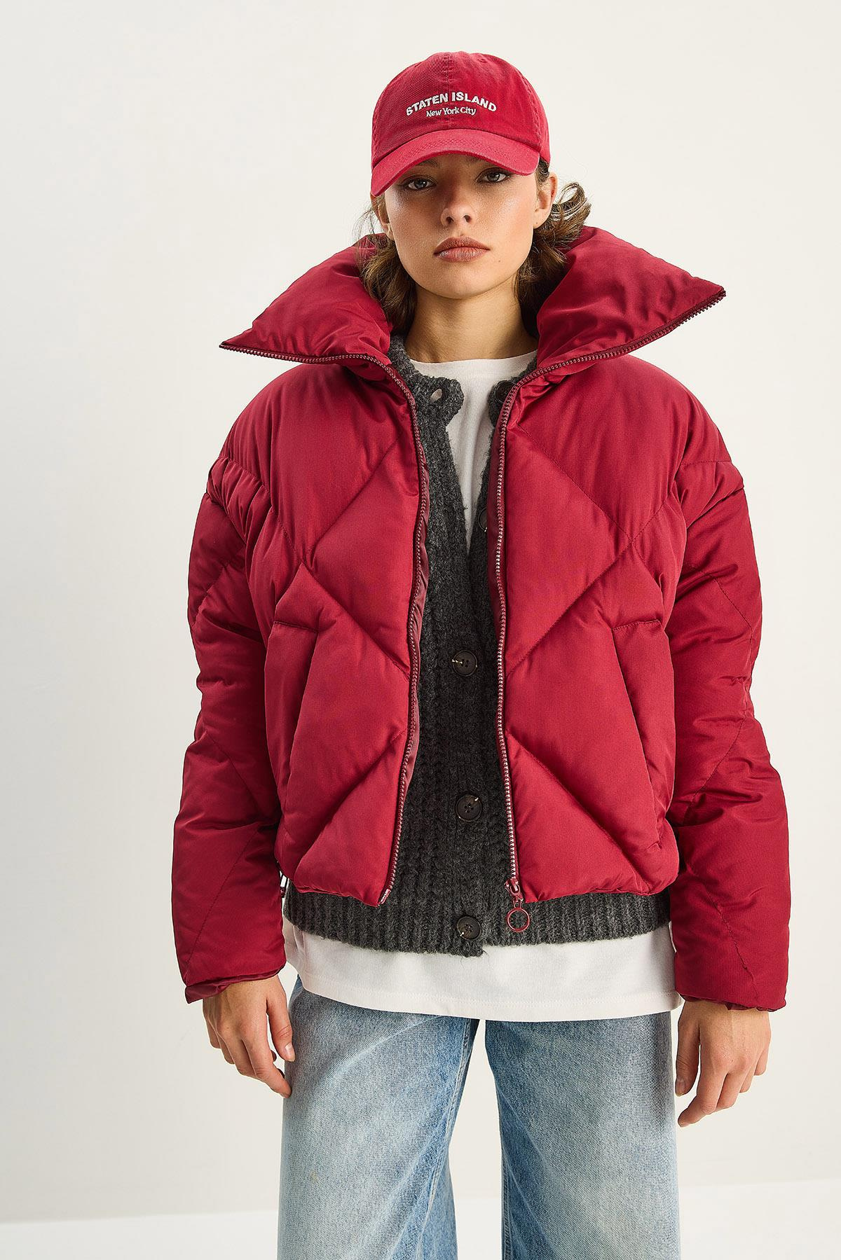 Oversize Şişme Mont - Bordo DIŞ GİYİM modelleri