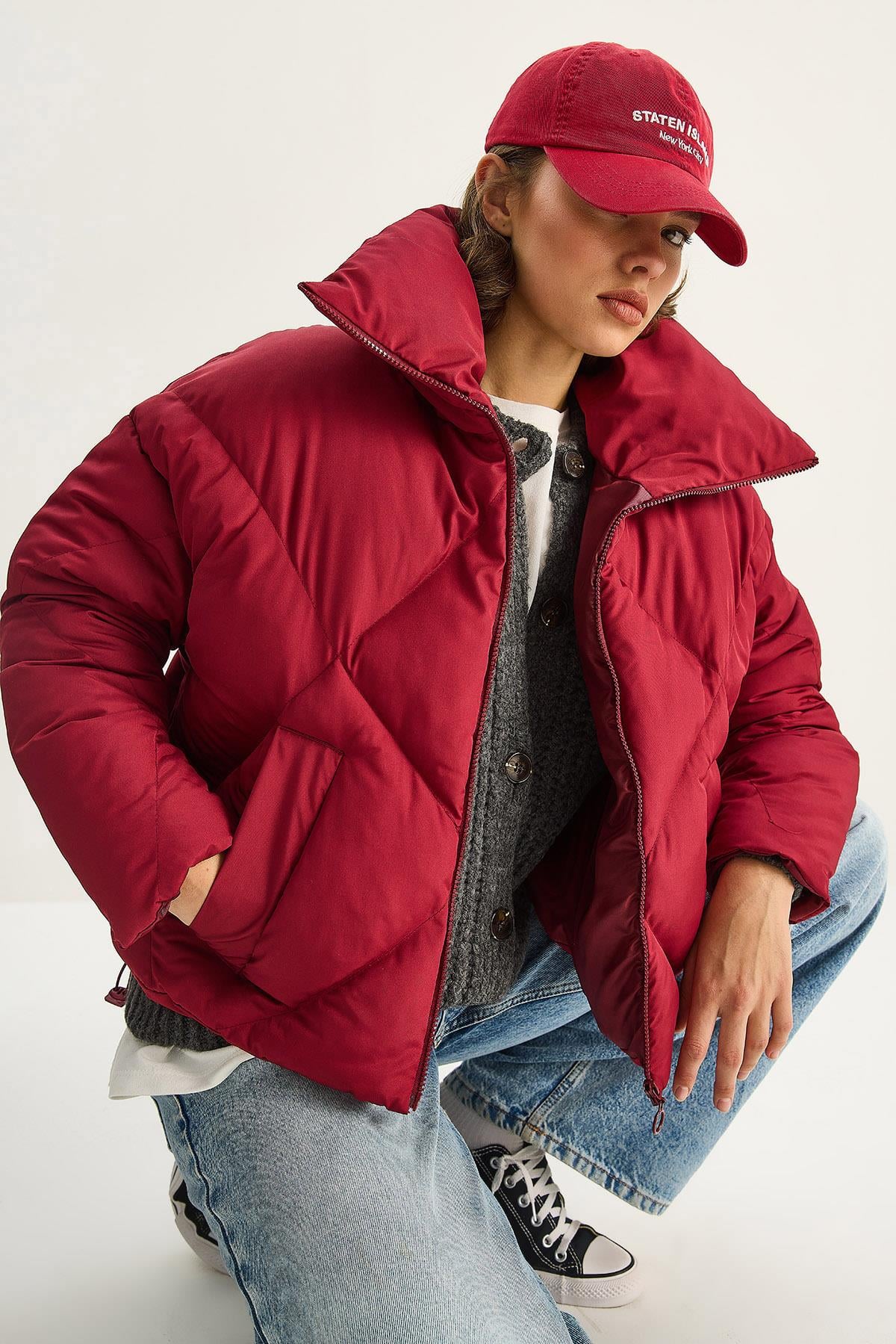 Oversize Şişme Mont - Bordo DIŞ GİYİM modelleri