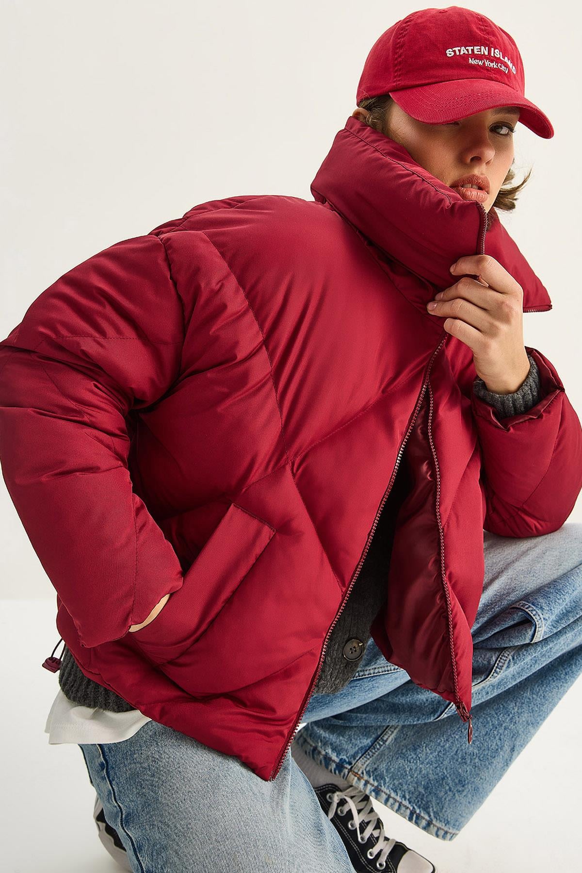 Oversize Şişme Mont - Bordo DIŞ GİYİM modelleri