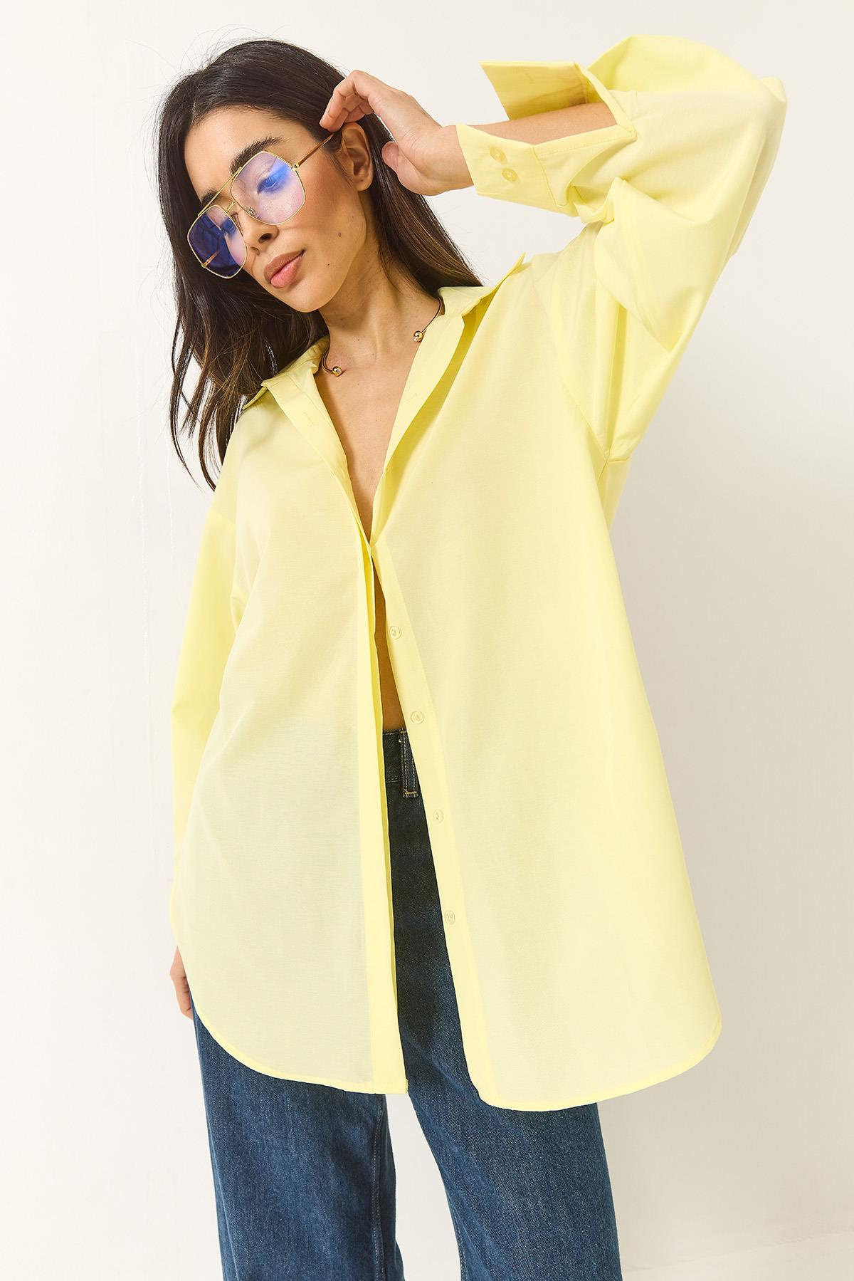 Oversize Terikoton Poplin Gömlek 34225 60284043 - Limon Sarısı