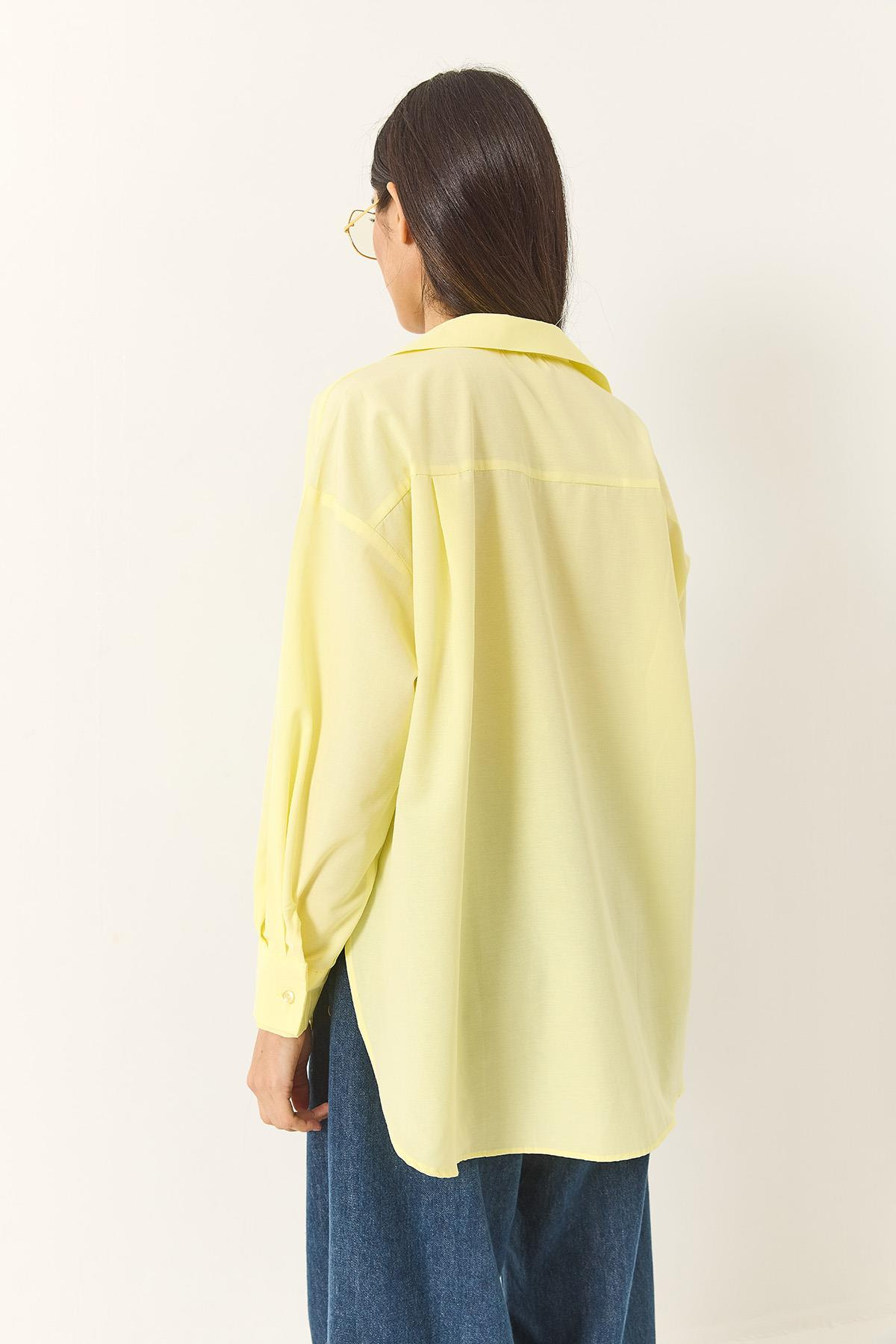 Oversize Terikoton Poplin Gömlek 34225 60284043 - Limon Sarısı