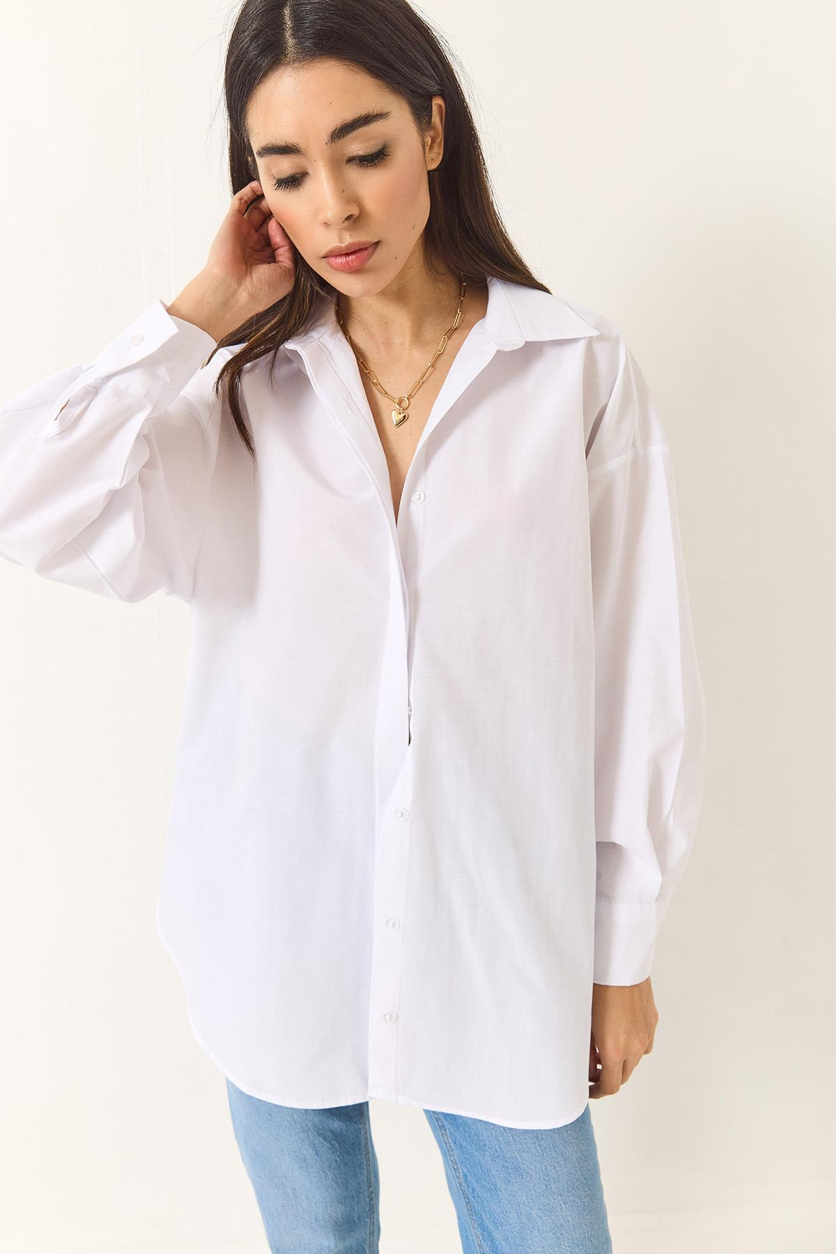 Oversize Terikoton Poplin Gömlek 34225 60284043 - Beyaz