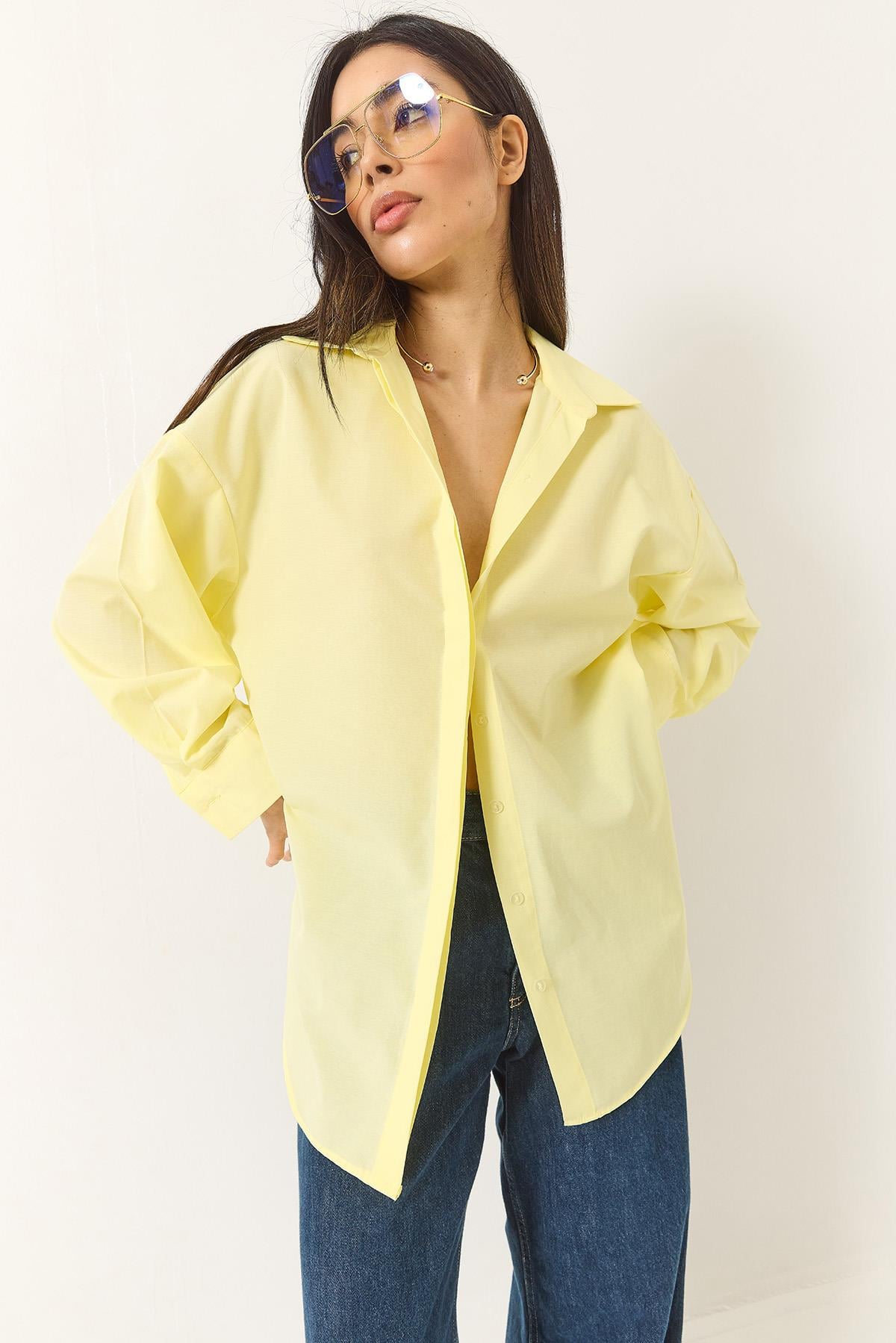 Oversize Terikoton Poplin Gömlek 34225 60284043 - Limon Sarısı