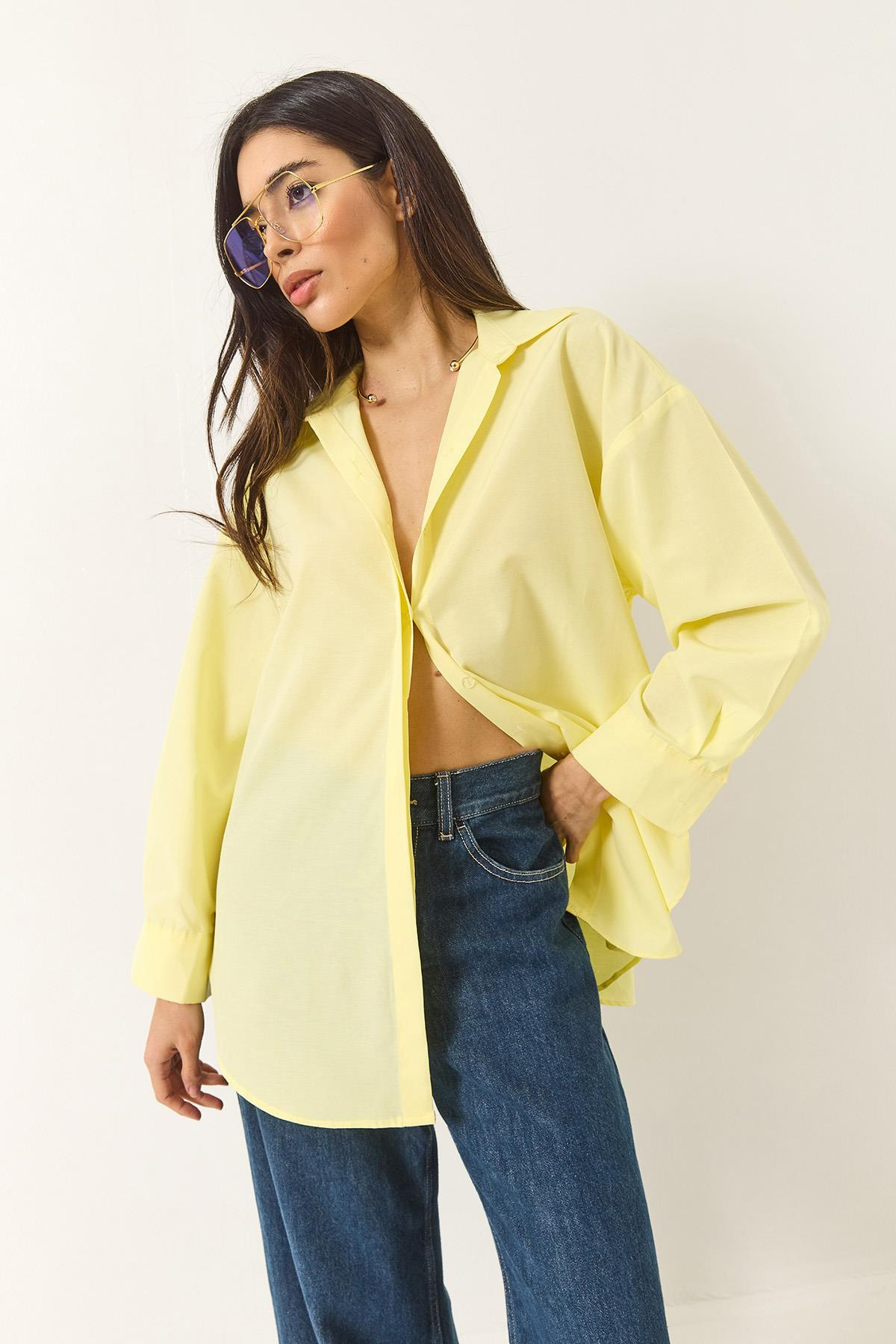Oversize Terikoton Poplin Gömlek 34225 60284043 - Limon Sarısı