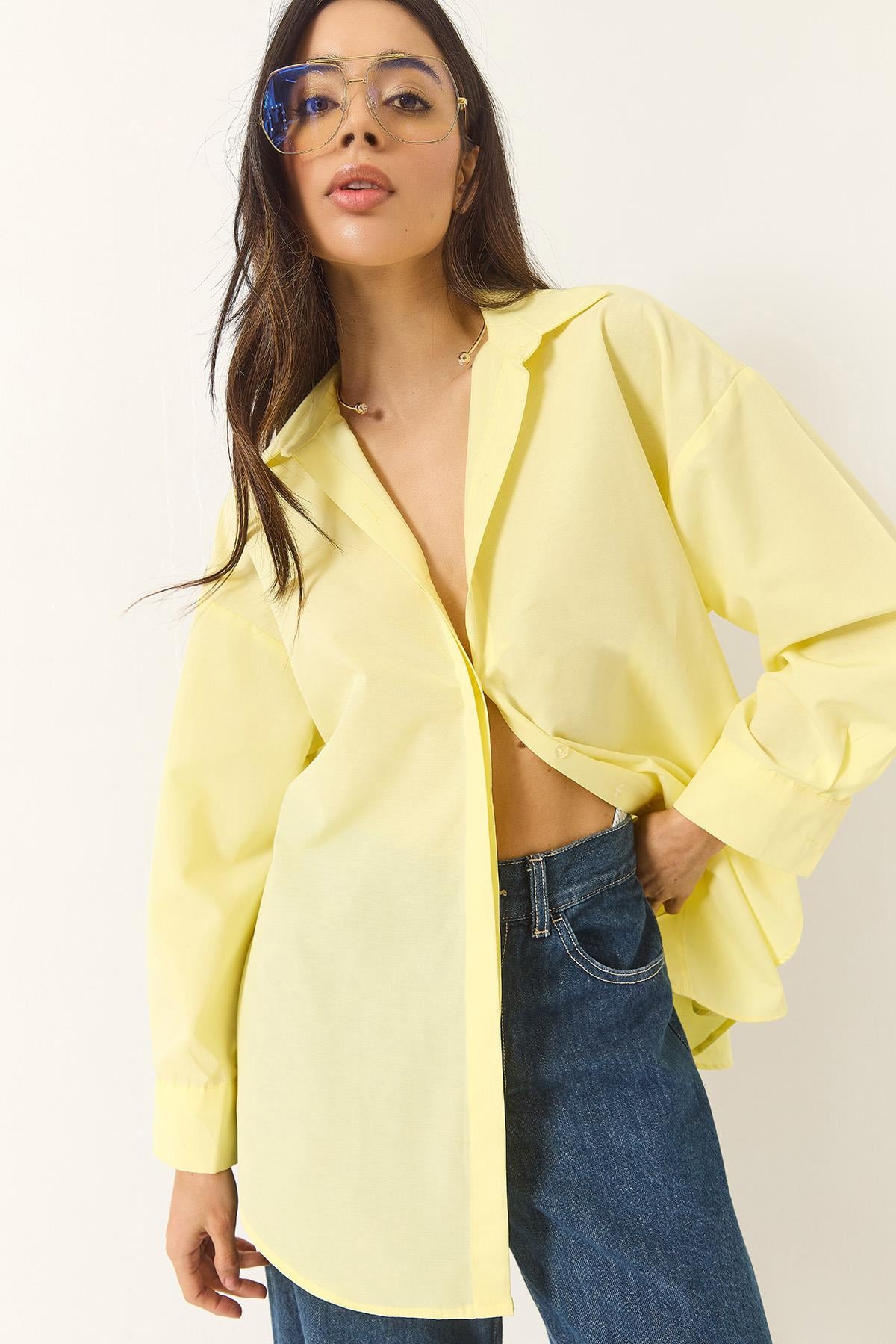 Oversize Terikoton Poplin Gömlek 34225 60284043 - Limon Sarısı
