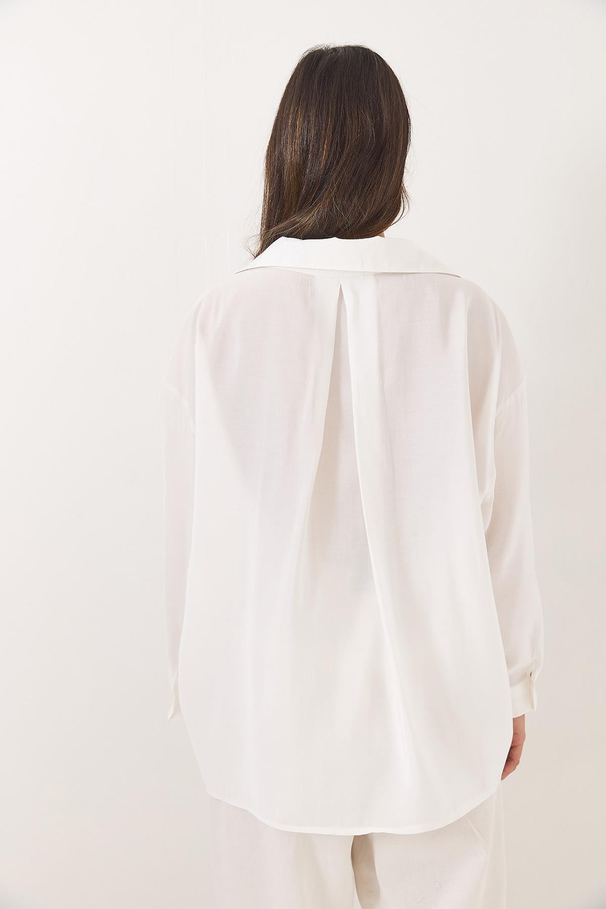 Oversize V Yaka Modal Gömlek 60388 60271075 - Beyaz