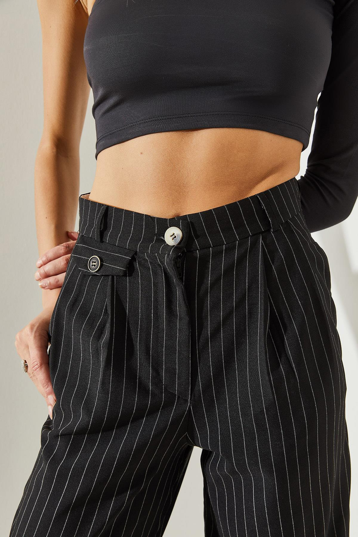 Paça Düğmeli Çizgili Şalvar Pantolon 60251310 - Siyah PANTOLON modelleri