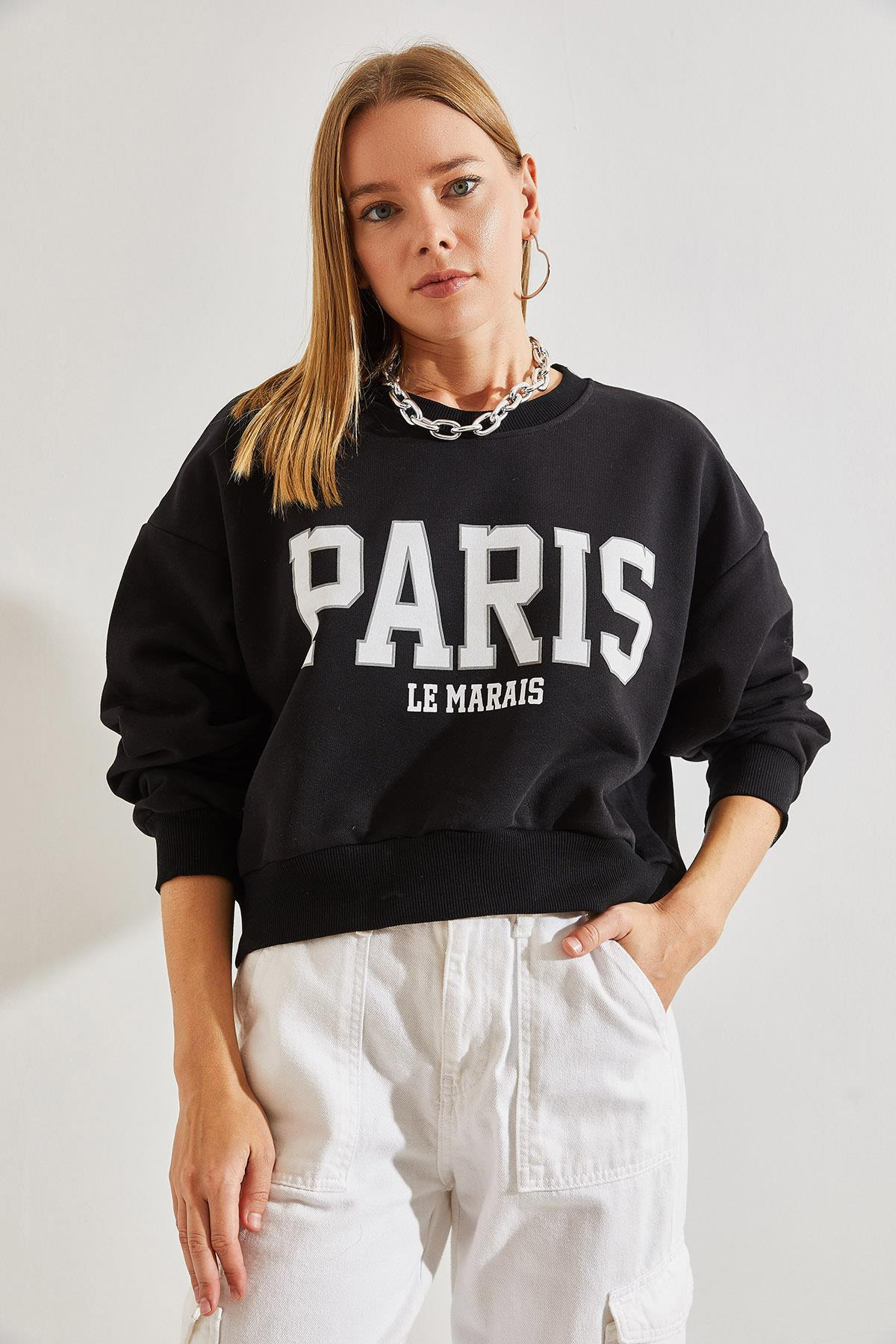 Paris Baskılı Üç İplik Şardonlu Sweatshirt - Siyah SWEATSHİRT modelleri