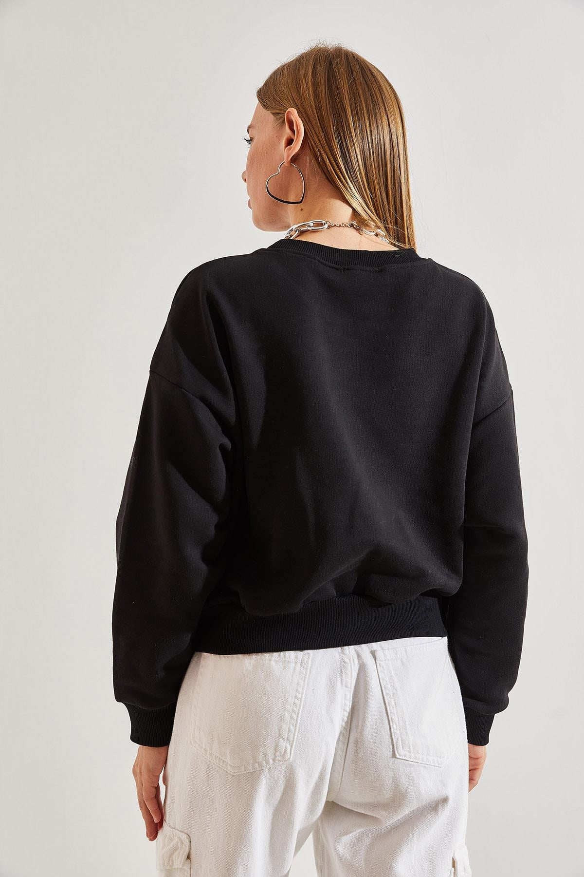 Paris Baskılı Üç İplik Şardonlu Sweatshirt - Siyah SWEATSHİRT modelleri