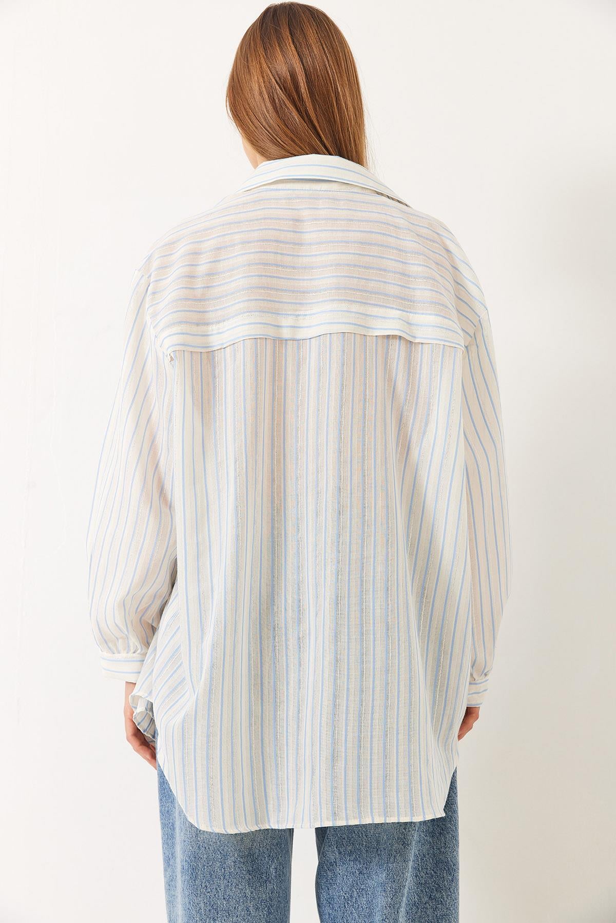 Parlak Çizgili Pamuk Oversize Gömlek 34416 60283102 - Mavi