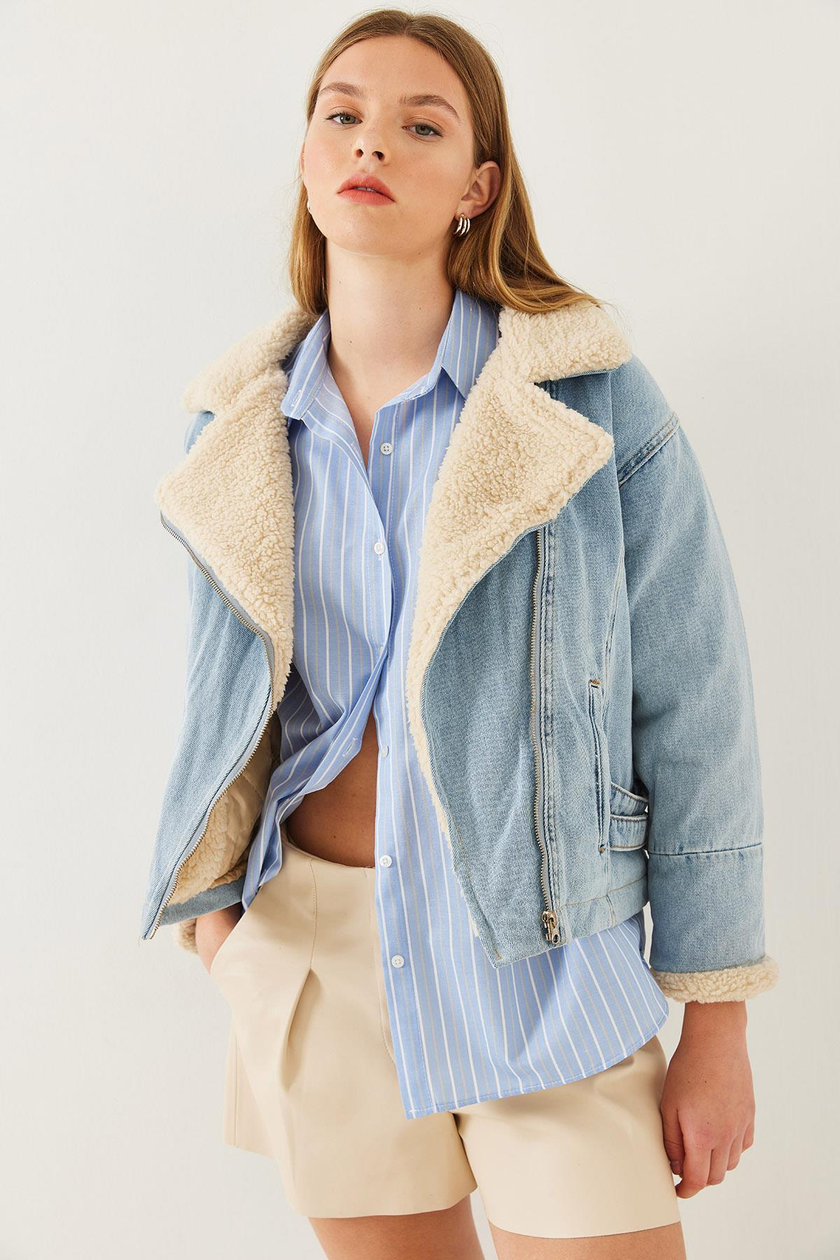 Peluş Detaylı Denim Mont 2260 60351037 - Mavi
