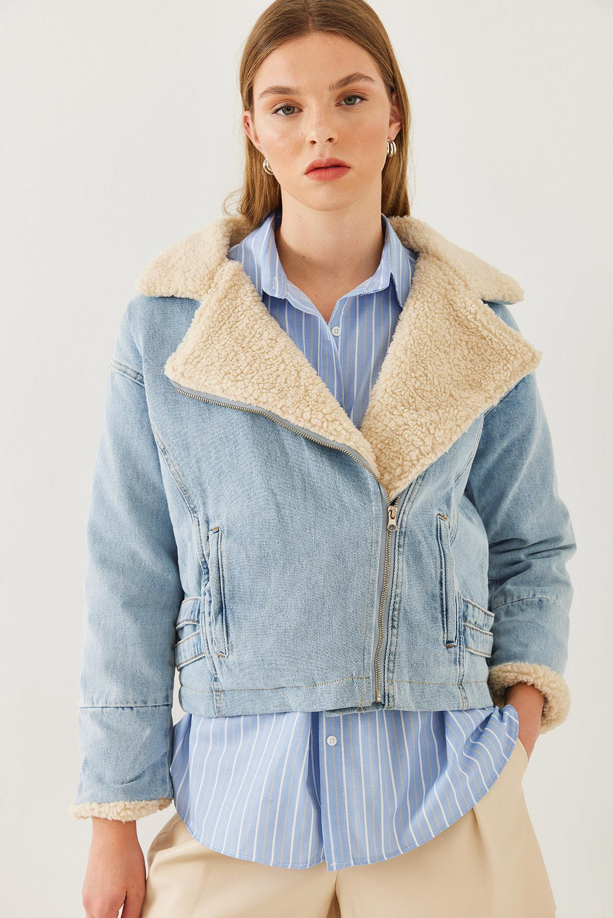 Peluş Detaylı Denim Mont 2260 60351037 - Mavi