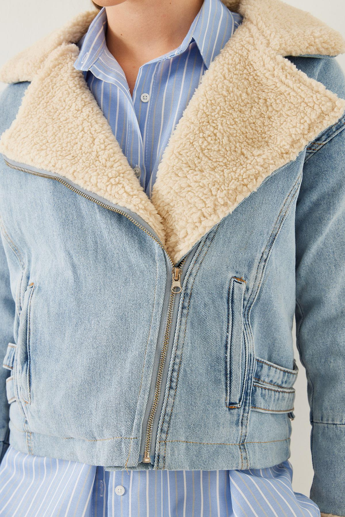 Peluş Detaylı Denim Mont 2260 60351037 - Mavi